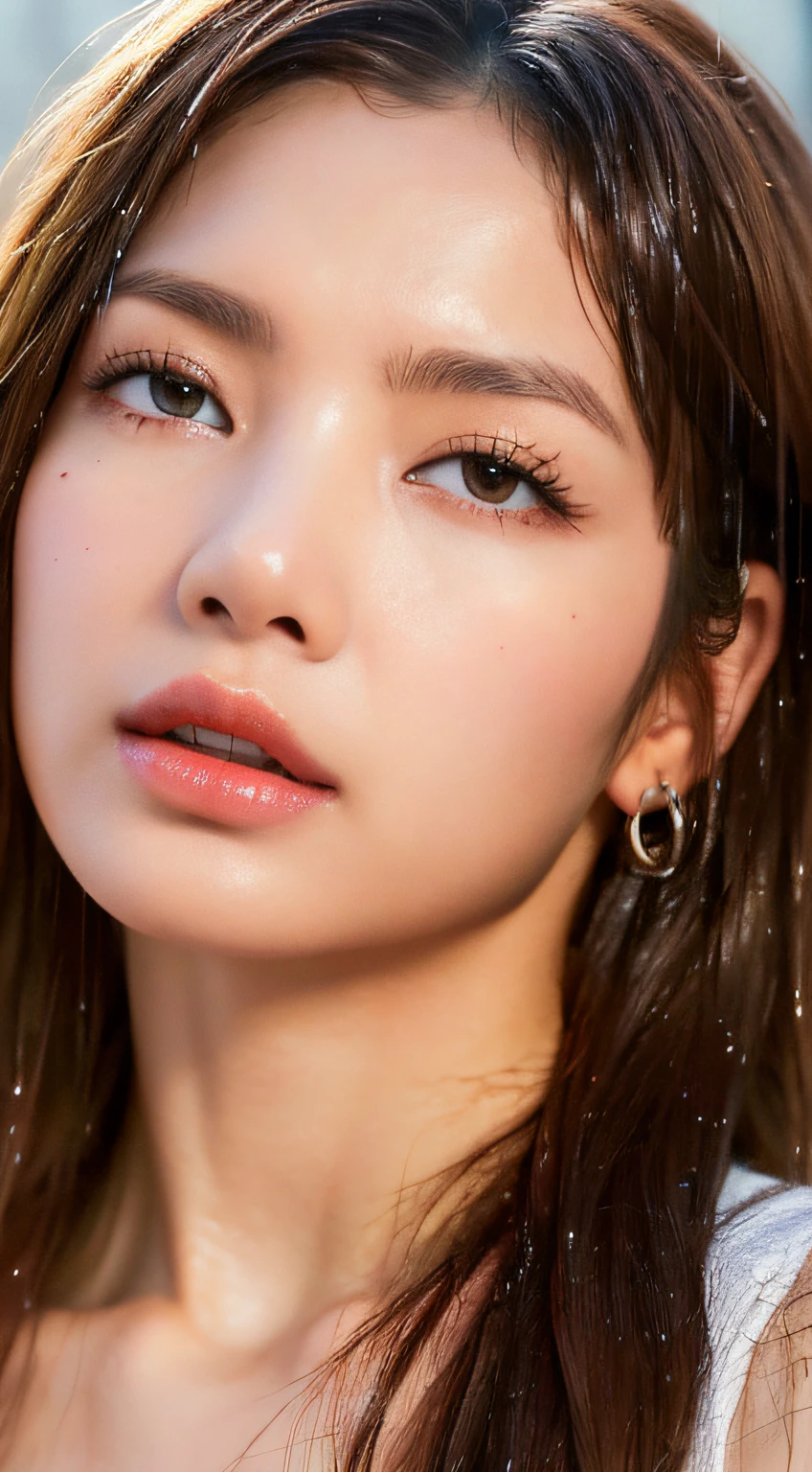 (Best quality, 4k, Masterpiece :1.3), pretty woman, 1girl, (breasts, attractive body :1.2), abs :1.1, dark brown hair: 1.1, (rainy wet, wet from rain, wet body :1.2), ultra-detailed face, detailed lips, detailed eyes, double eyelid