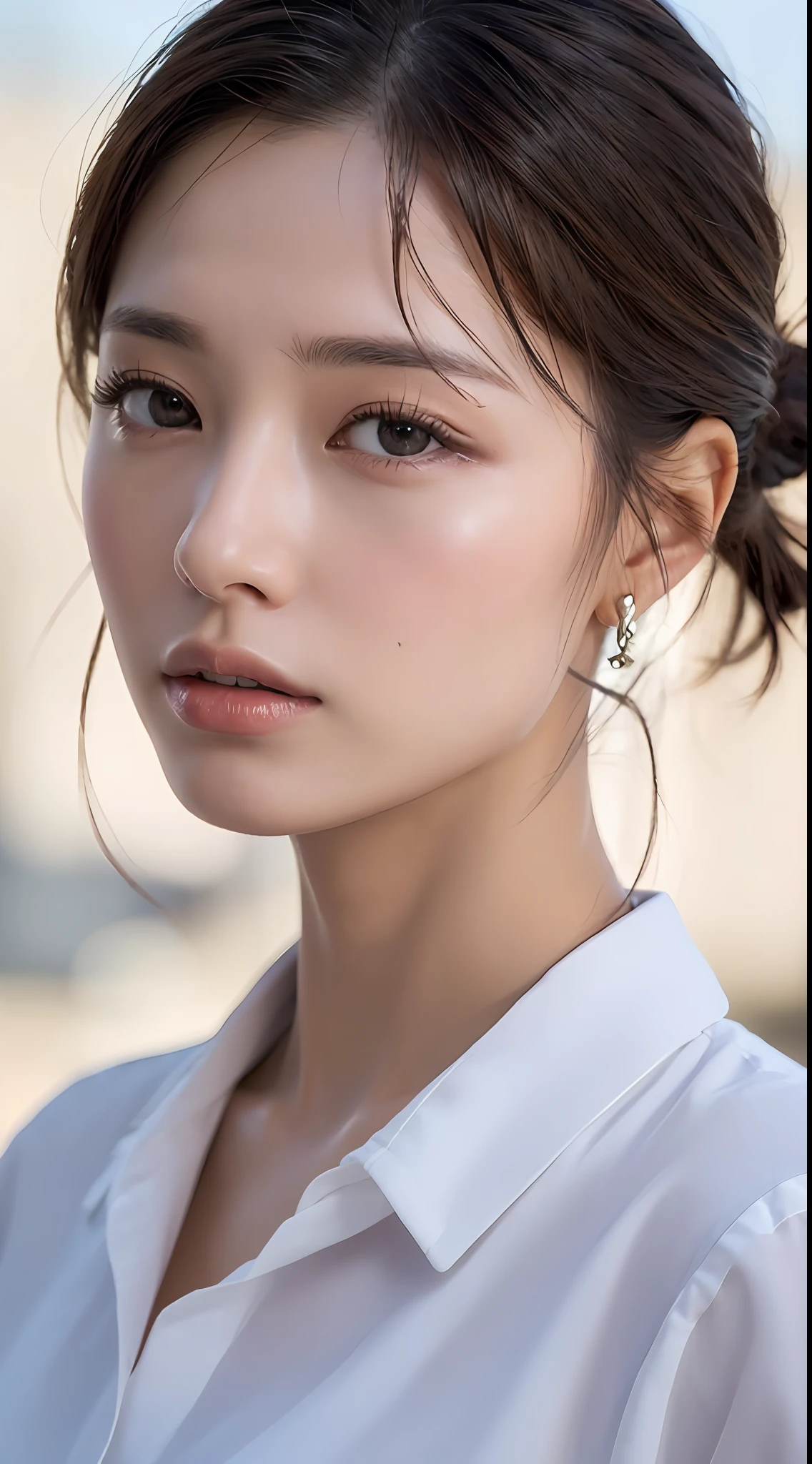 ((Best Quality, 8K, Masterpiece: 1.3)), Sharp: 1.2, Perfect Body Beauty: 1.4, Slim Abs: 1.2, ((Layered Hairstyle, Big Breasts: 1.2)), (Wet White Button Long Shirt: 1.1), (Rain, Street: 1.2), Wet: 1.5, Highly detailed face and skin texture, detailed eyes, double eyelids, side face looking at the camera