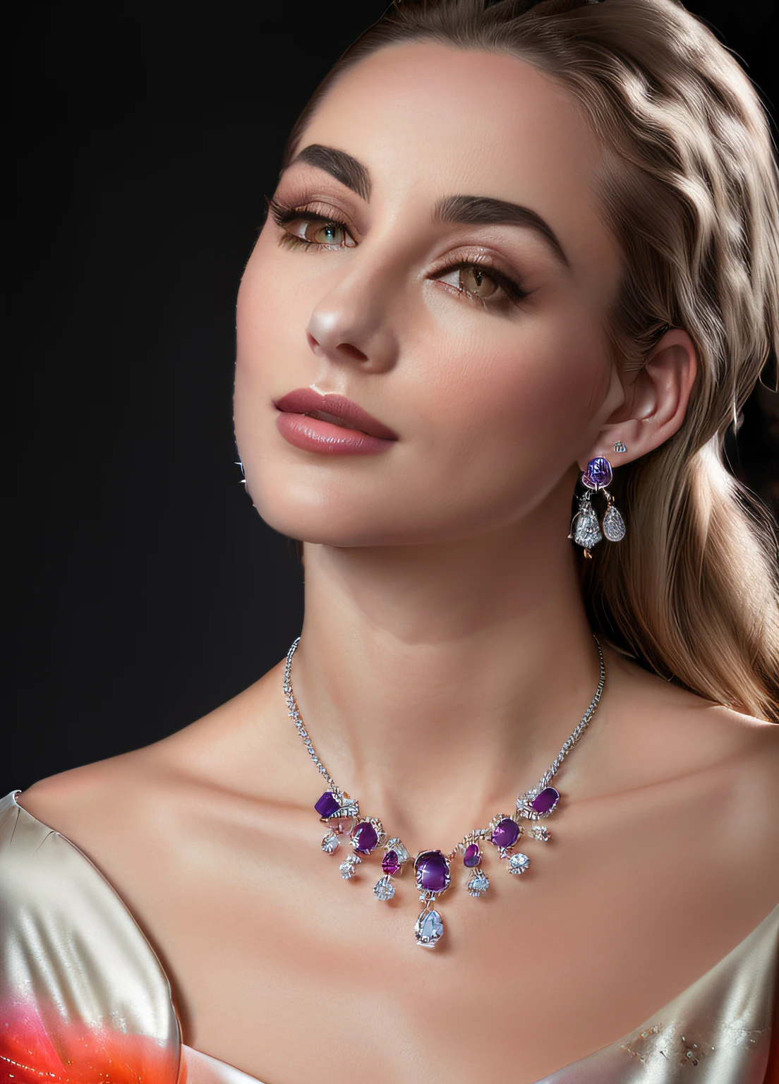 arafed woman wearing a necklace and earrings with a diamond pendant, wearing elegant jewellery, luxurious neckless, jewelry photography, gleaming silver and rich colors, hints of silver jewelry, adorned with precious stones, jewels, jeweled choker, purple crystal jewelry, elegant decollete, wearing jewelry, jewelry lighting, wearing jewellery, with small studded earings