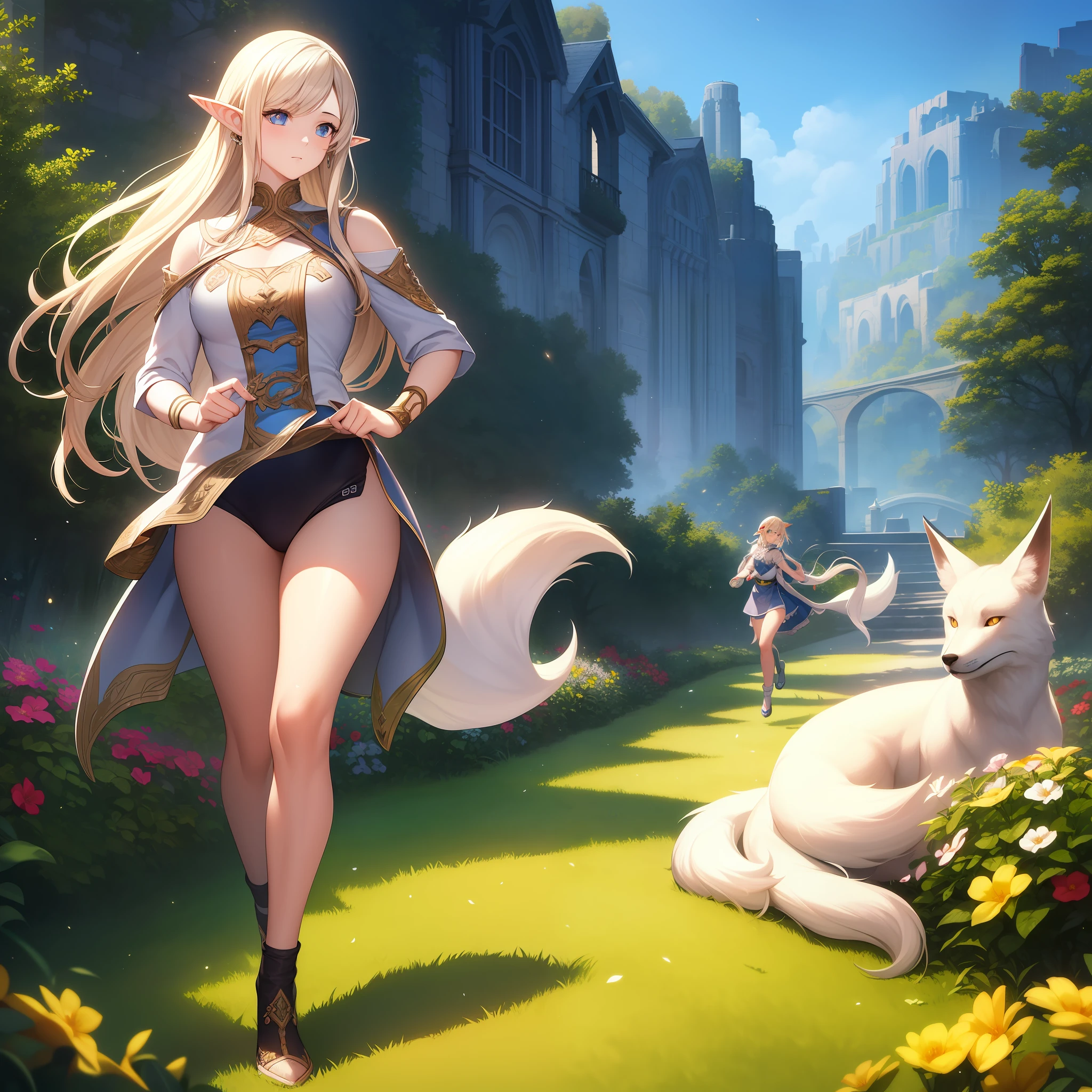 An 18-year-old girl with elf ears, lovable, white elf, fox eyes, running, during the day, bright Sunshine, running on the grassland full of flowers, filled with beautiful flowers, long hair, sparkling hair, beautiful detailed eyes, extremely detailed eyes and face, light on face, lovely, best quality, masterpiece, illustration, an extremely delicate and beautiful, extremely detailed ,CG ,unity ,8k wallpaper, Amazing, finely detail, masterpiece, best quality, official art, extremely detailed CG unity 8k wallpaper, ultra-detailed, highres, extremely detailed, (best quality), (realistic, photo-realistic:1.2), 8k, soft lighting, high quality, official art, extremely detailed CG unity 8k wallpaper, cinematic lighting.