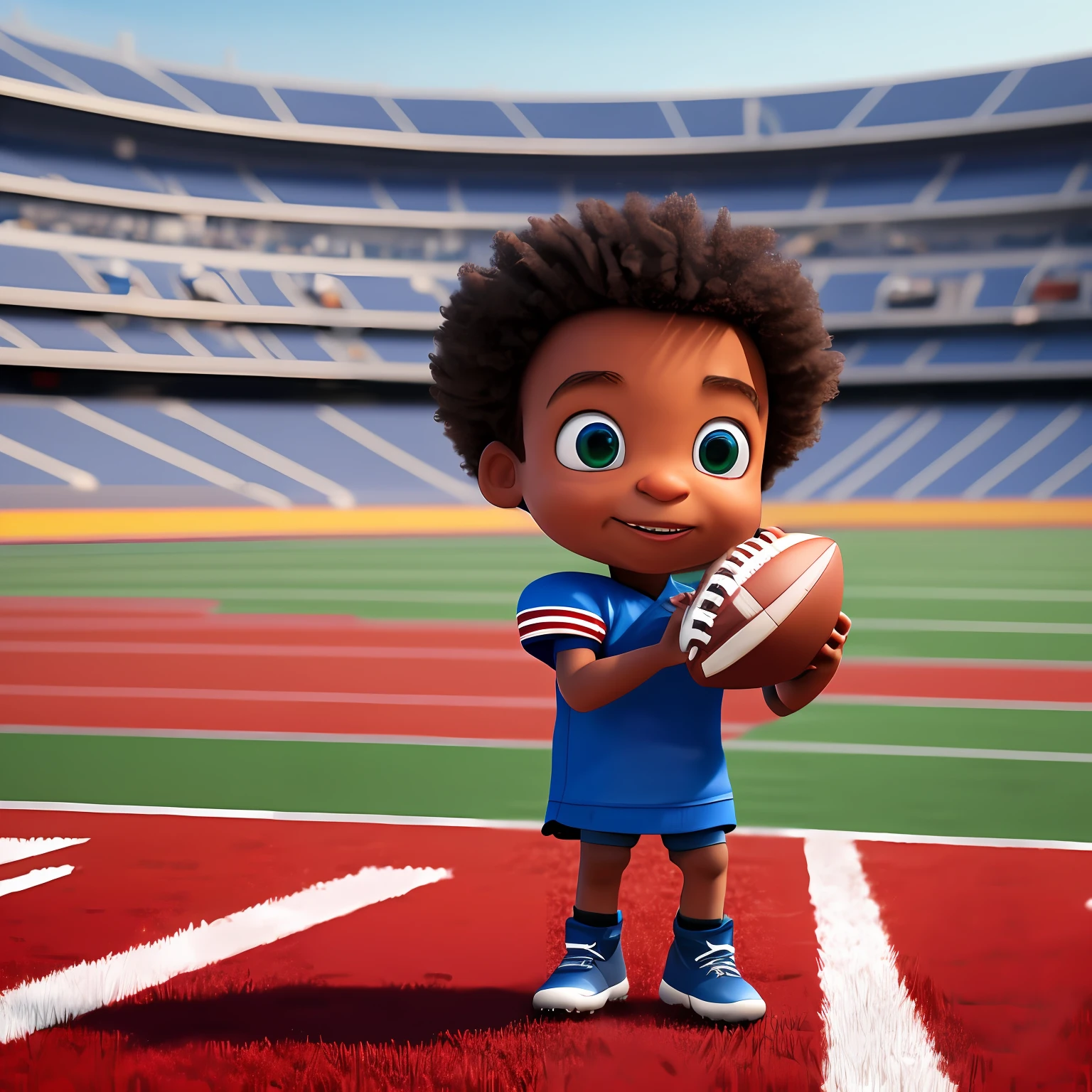 Little black boy seen from the front, holding an American football on the field of an American football stadium, Pixar style, 3D style, Disney style, 8k, cute