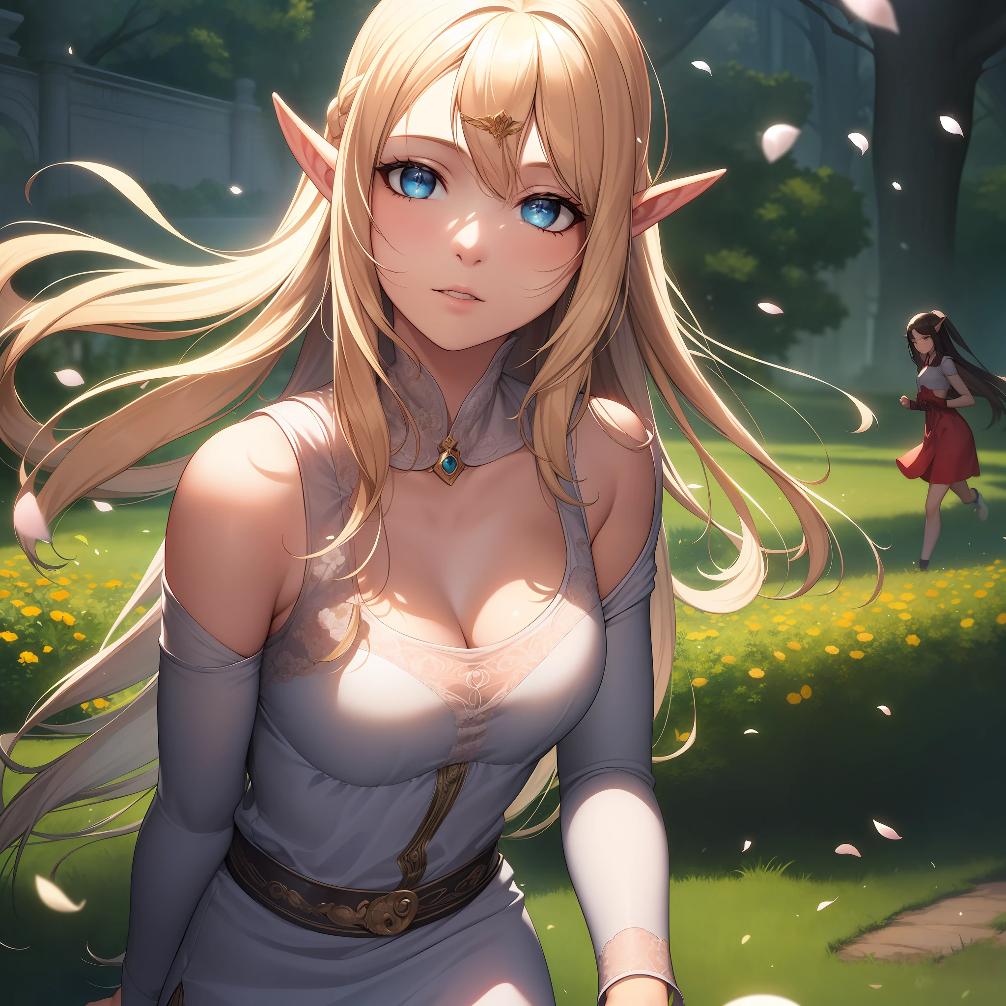 An 18-year-old girl with elf ears, lovable, white elf, fox eyes, running, during the day, bright Sunshine, running on the grassland full of flowers, filled with beautiful flowers, long hair, sparkling hair, beautiful detailed eyes, extremely detailed eyes and face, light on face, lovely, best quality, masterpiece, illustration, an extremely delicate and beautiful, extremely detailed ,CG ,unity ,8k wallpaper, Amazing, finely detail, masterpiece, best quality, official art, extremely detailed CG unity 8k wallpaper, ultra-detailed, highres, extremely detailed, (best quality), (realistic, photo-realistic:1.2), 8k, soft lighting, high quality, official art, extremely detailed CG unity 8k wallpaper, cinematic lighting.