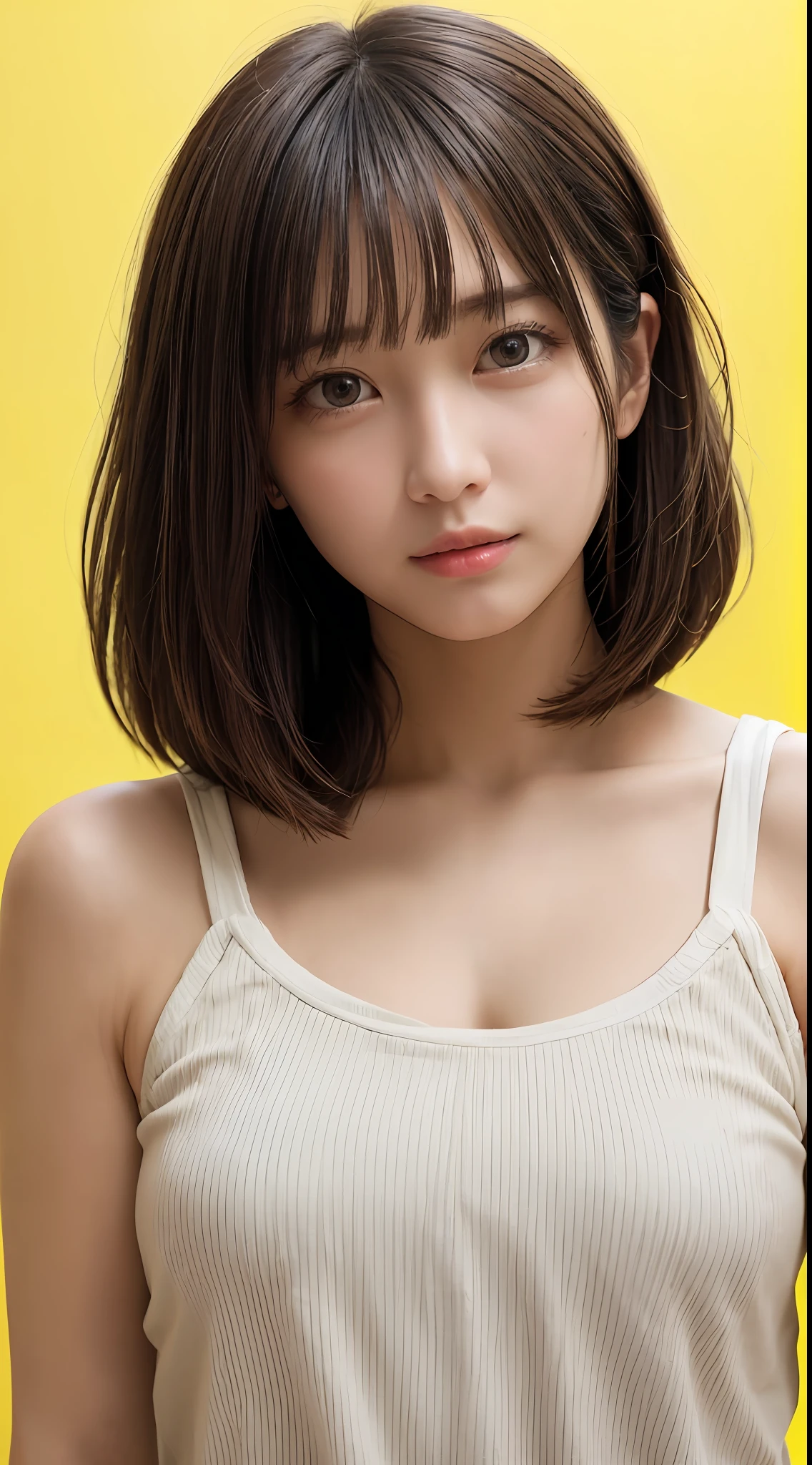 masterpiece, best quality, 8k, absurdres, (upper body:1.4), white shirt, beautiful girl, pretty face, looking at viewer, smile, ultra realistic, highres, photography, film grain, chromatic aberration, sharp focus, HDR, facelight, dynamic lighting, cinematic lighting, professional shadow, simple background, (dull yellow background:1.4), highest detailed, extreme detailed, ultra detailed, finely detail, real skin, delicate facial features, detailed face and eyes, sharp pupils, realistic pupils