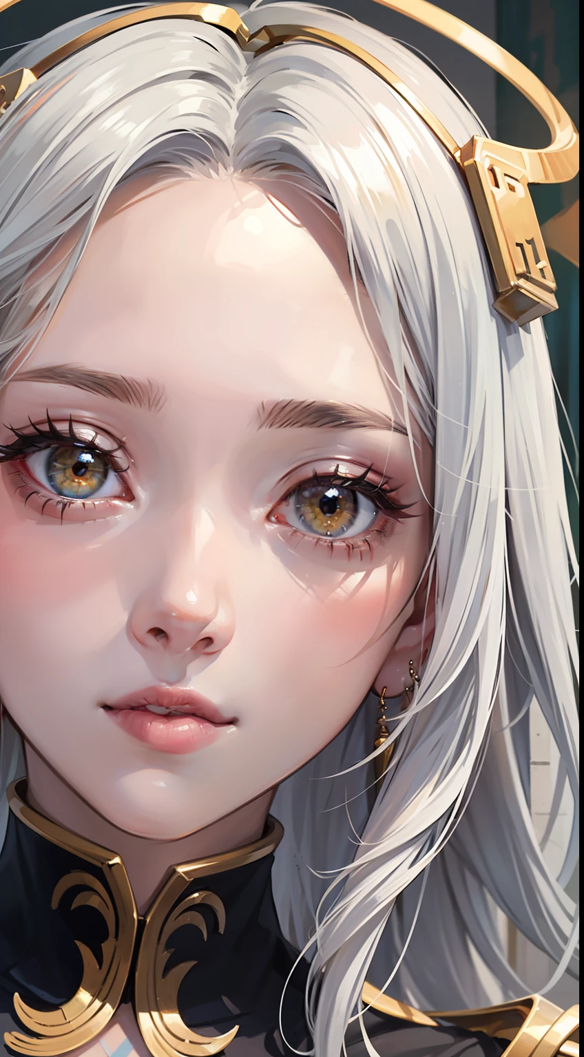 a girl ，detailed skin texture, detailed cloth texture, beautifully detailed face, masterpiece, best quality, ultra detailed, 8k,masterpiece, best quality, ultra-detailed, illustration, close-up, straight on, face focus, white hair, golden eyes, long hair, halo, serene expression, looking at viewer,two girls,close togather