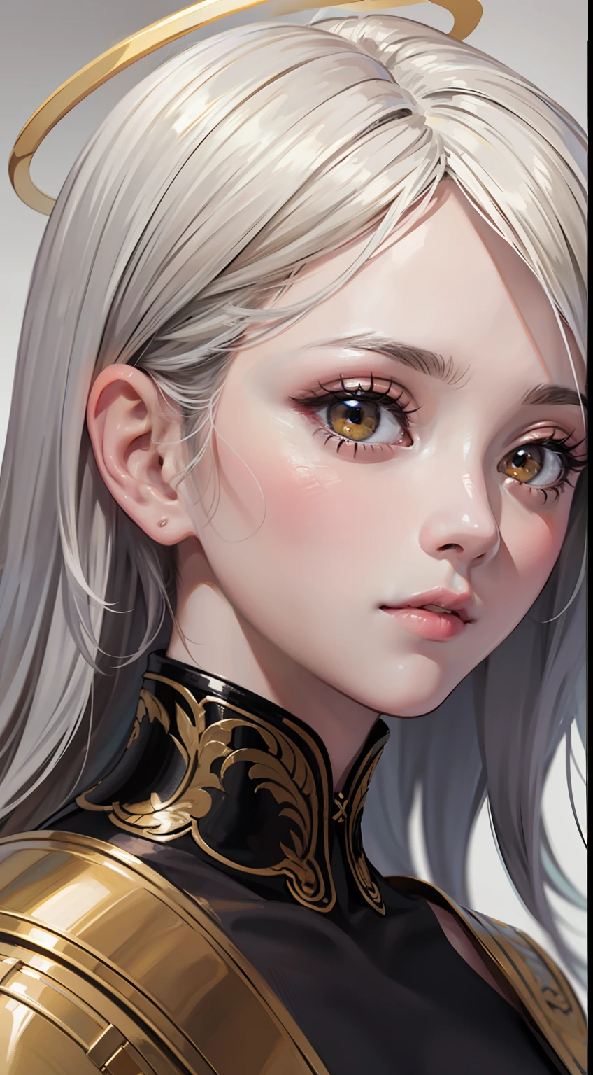 a girl ,detailed skin texture, detailed cloth texture, beautifully detailed face, masterpiece, best quality, ultra detailed, 8k,masterpiece, best quality, ultra-detailed, illustration, close-up, straight on, face focus, white hair, golden eyes, long hair, halo, serene expression, looking at viewer,two girls,close togather