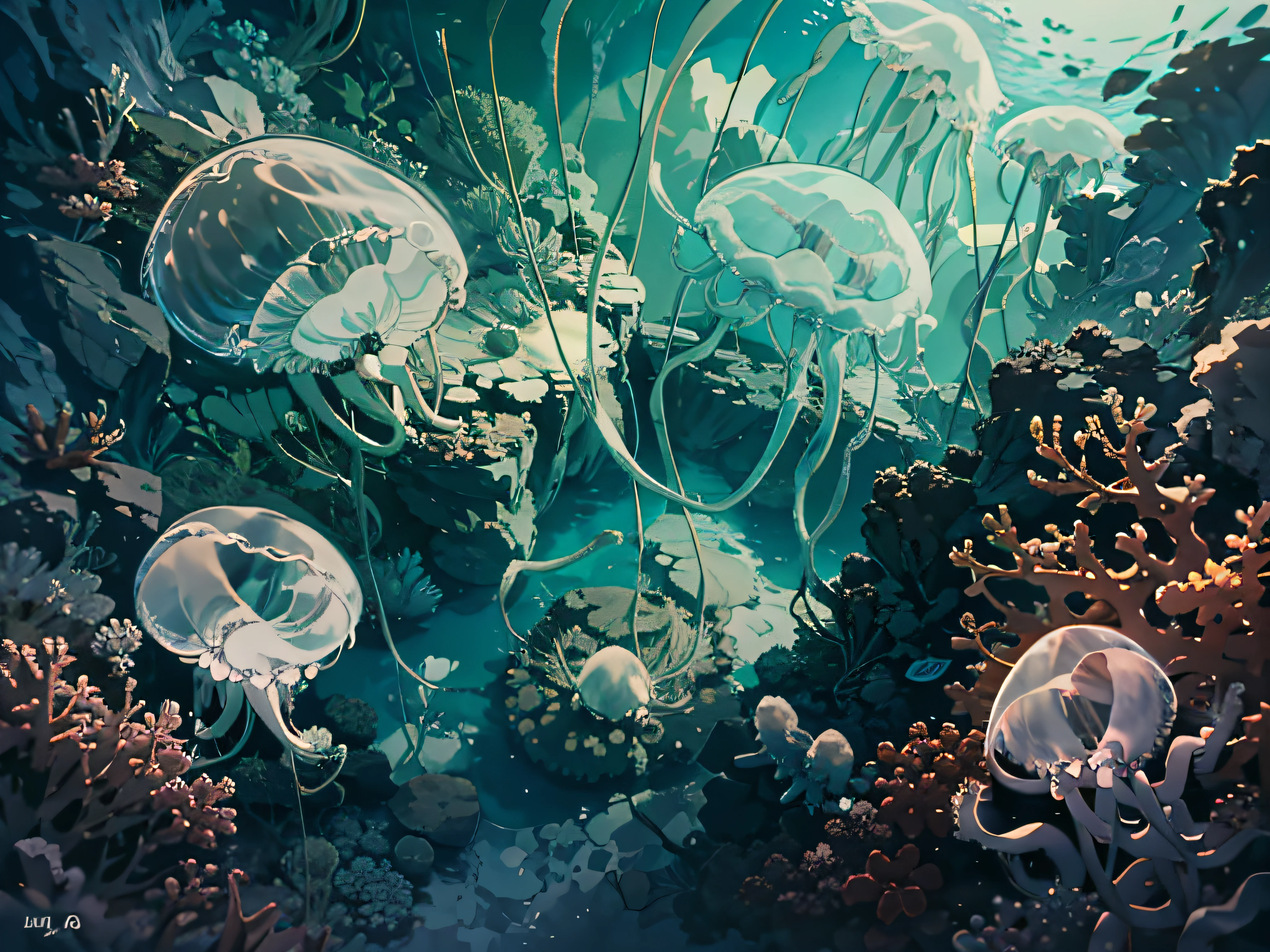 A scene of best quality, masterpiece, very detailed, 8k, wallpaper and fantasy quality,
BREAK
showing undersea environment,
BREAK
where (a boy :1.6) and (a girl :1.6), (many jellyfishes :1.6) and (fishes :1.2) are present,
BREAK
and they are sitting on a rock at the bottom of the ocean and they are staring at each other,
BREAK
with cool colors, cold colors, calm atmosphere, wide shot, 28mm and bird's eye view effects.
