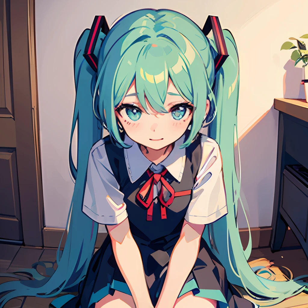 Pixel art, pixel art, one girl, blue haired cat-eared Hatsune Miku sitting on the floor with cute expression and happy to be stroked with her hands on the floor, uniform, Hatsune Miku, Mikudayo, Cirno, soft anime illustration, light blue, moe, pixiv style, pixiv, anime, rakugaki, girl's room, kamime --auto