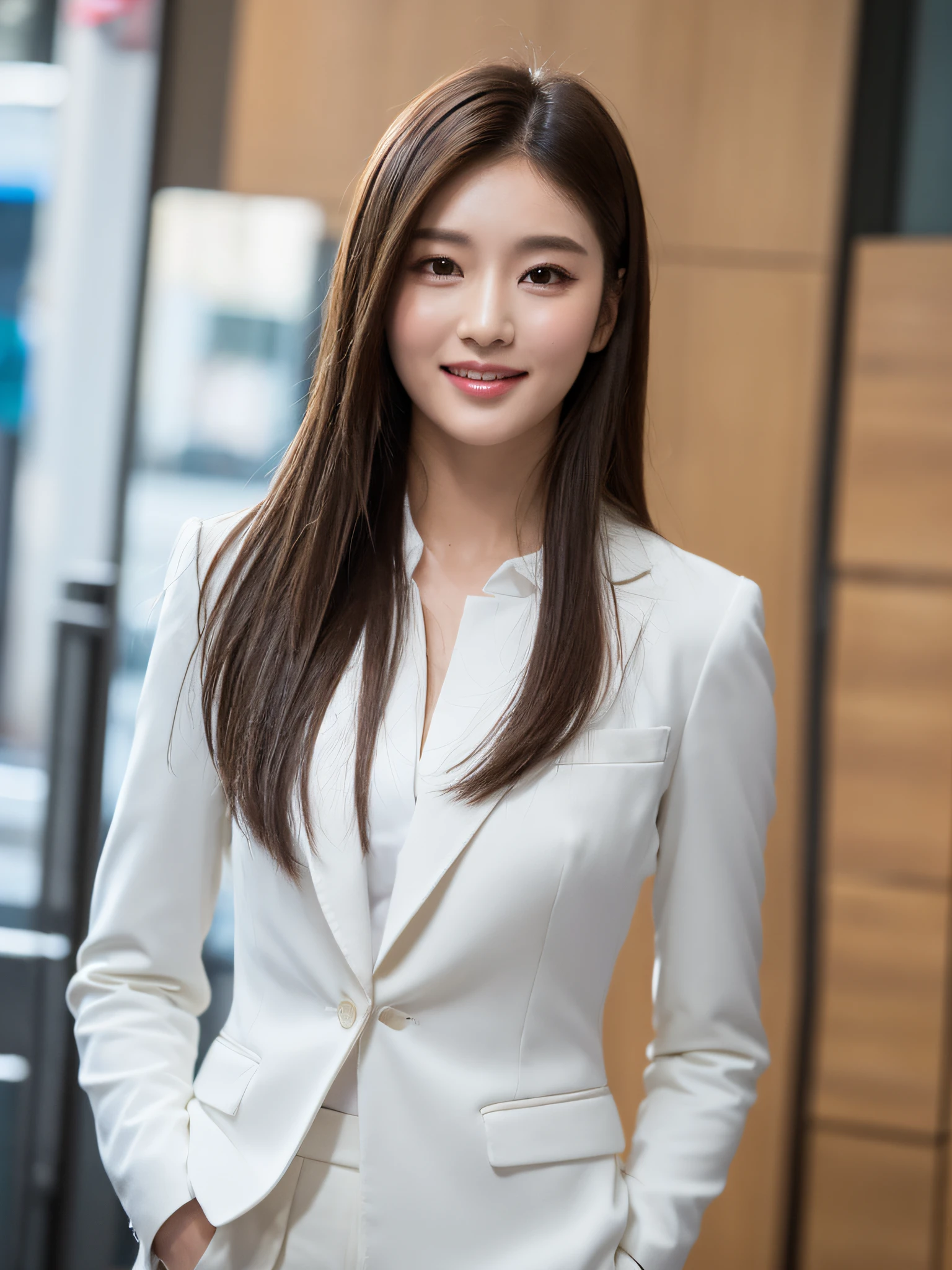 ((Best Quality, 8k, Masterpiece: 1.3)), 1 girl, smile, full body, slim face, pretty woman, short dark brown hair, white crisp shirt on upper body, black straight suit pants on upper body, high heels, super detailed face, detailed eyes, double eyelids, blurred background, slim face, tall building