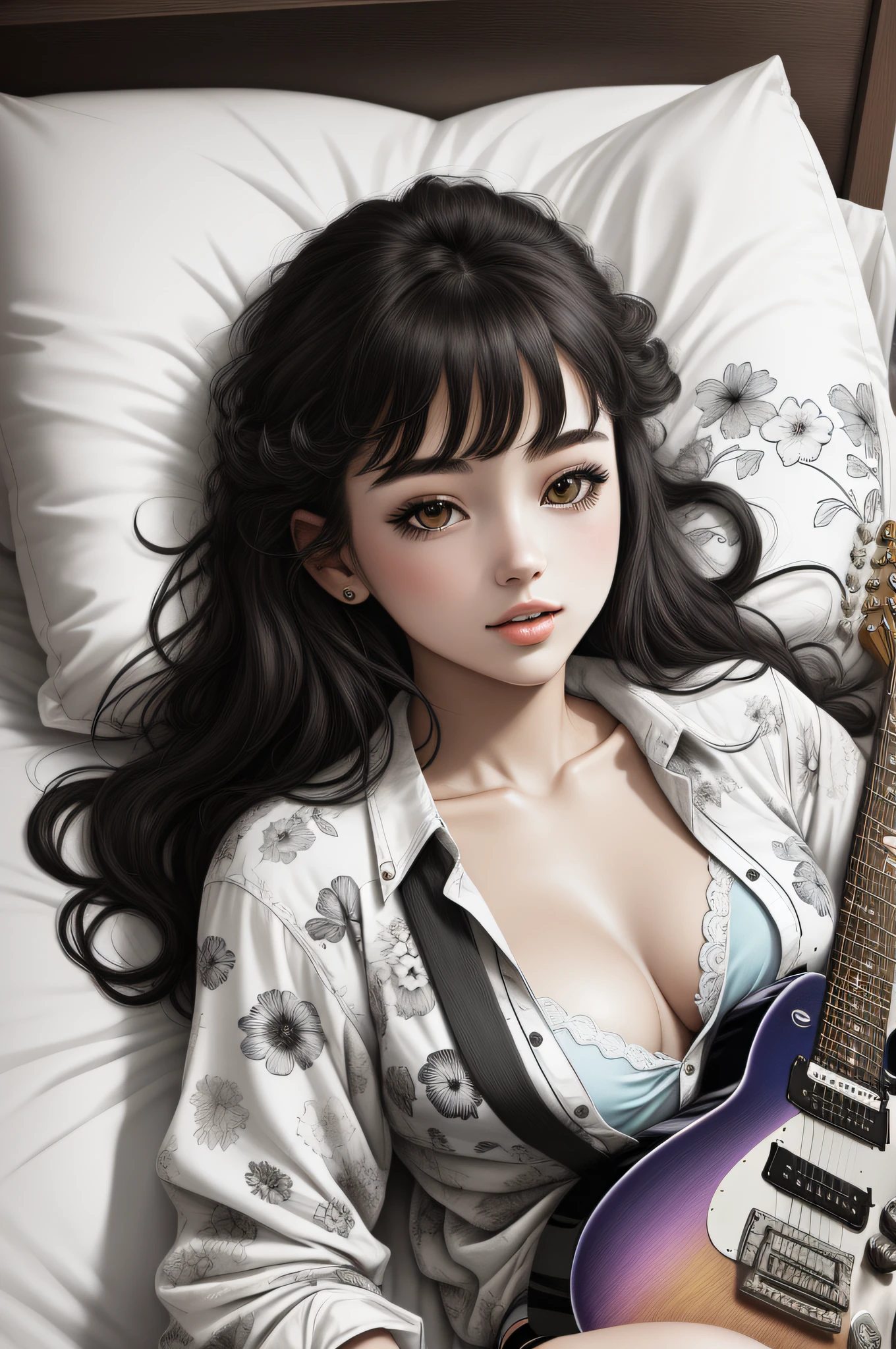 ((masterpiece, best quality)), lineart, colorful, 1girl, 18yo girl, (floral panties), open shirt, hippie, lying on bed, (playing electric guitar), black hair, bedroom, morning, lineart, colorful, vivid colors,