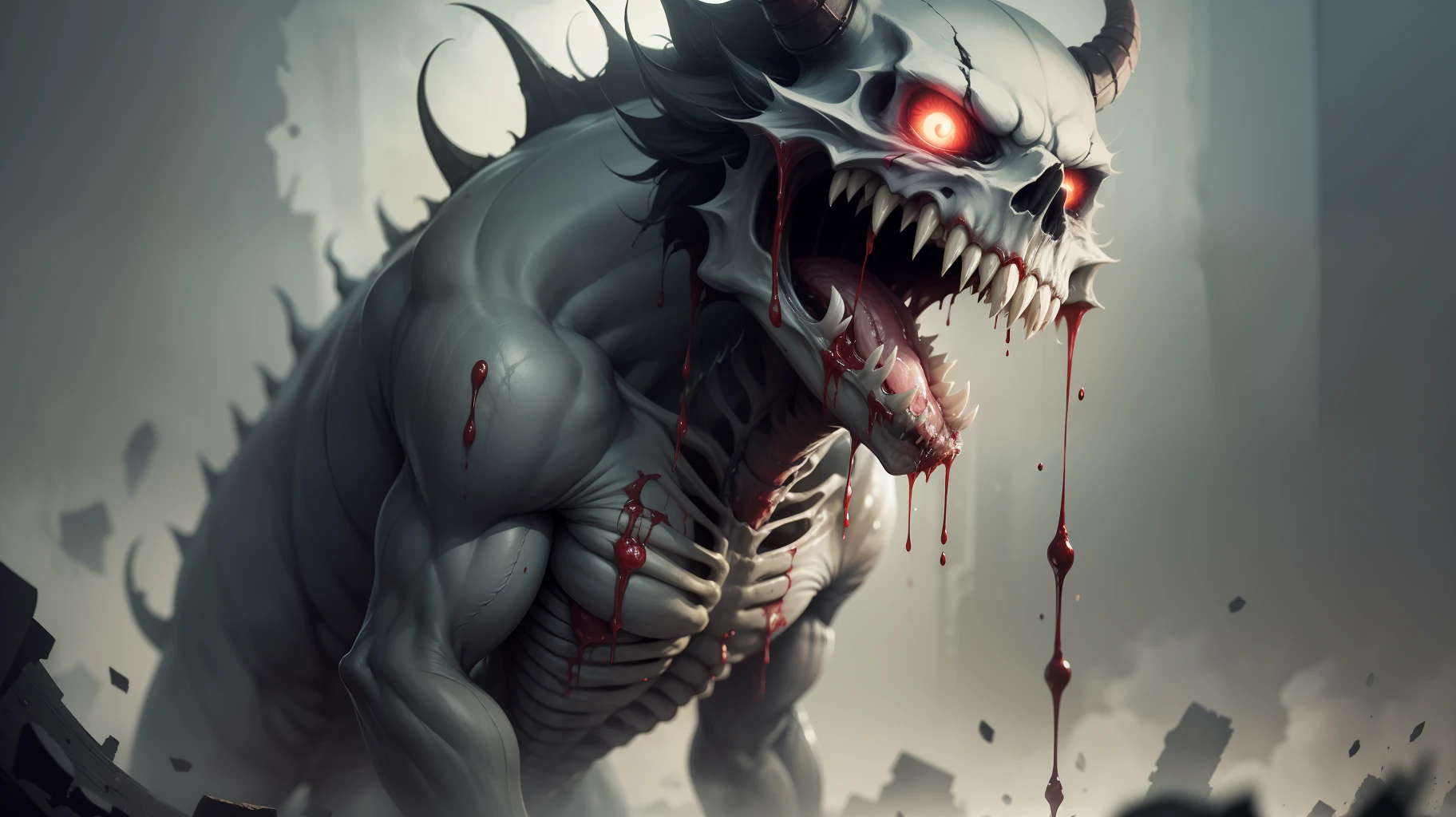 A monster rolling its eyes rushed over, its mouth wide open with saliva and dirty blood dripping continuously, its clothes torn to pieces, its flesh and skin hanging on its bones, and it stood high like some kind of demon