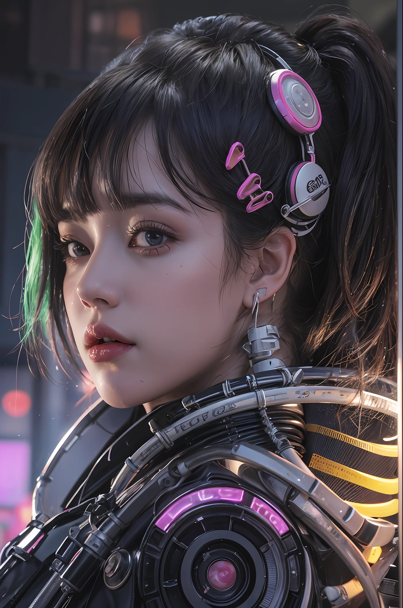 Top Quality, Masterpiece, Ultra High Resolution, (Photorealistic: 1.4), Raw Photo, Blade Runner Crowd Background, Futuristic Street Stall, One Girl in Crowd, Black Hair, Glossy Skin, 1 Mechanical Girl, ((Ultra Realistic Details)), Portrait, Global Illumination, Shadows, Octane Rendering, 8K, Ultra Sharp, Big, Cleavage Exposed Raw Skin, metal, intricate ornament details, headsets, hydraulic cylinders, highly intricate details, realistic light, CGSoation trend, purple eyes, glowing eyes, facing the camera, neon details, mechanical limbs, blood vessels connected to tubes, mechanical vertebrae attached to the back, mechanical cervical attachment to the neck, sitting, wires and cables connecting to the head, Evangelion, cyberpunk, small LED lamps,