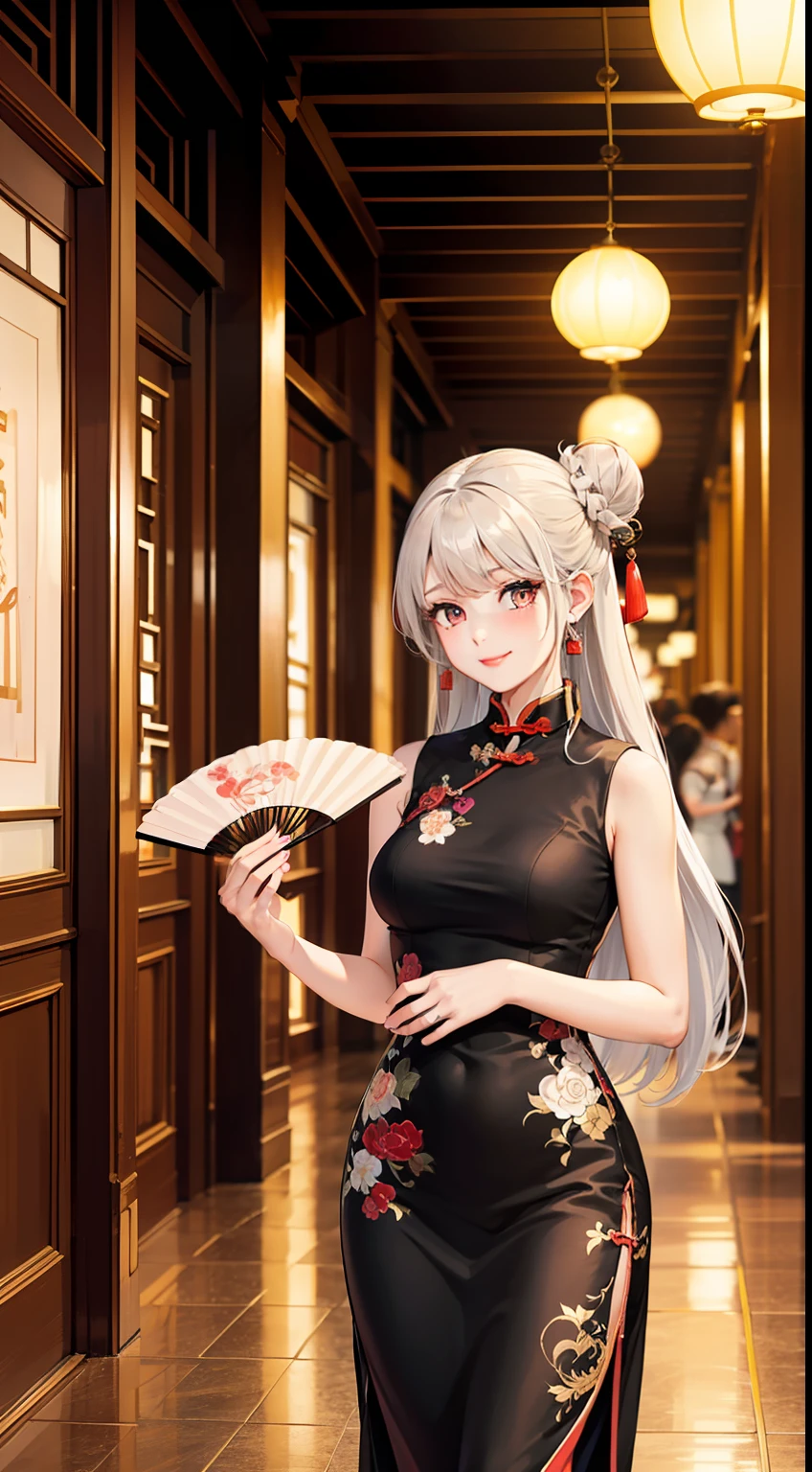 ((masterpiece)),(best quality),dynamic angle,(an extremely delicate and beautiful girl:1.2),((qipao)), red, embroidery, elegance, night stroll, , culture, traditional attire,chinese clothes,( fur trim), boite,(((Chinese corridor))),(moon),smile,(((holding circular fan))),milf,hotel,(sleeveless),(++white hair++),red eyes,neon lamp,night,cloudy,(architecture),mirror,A bustling night scene,headwear, solo,buildings,((in hallway)) ,hair bun, neon lights,