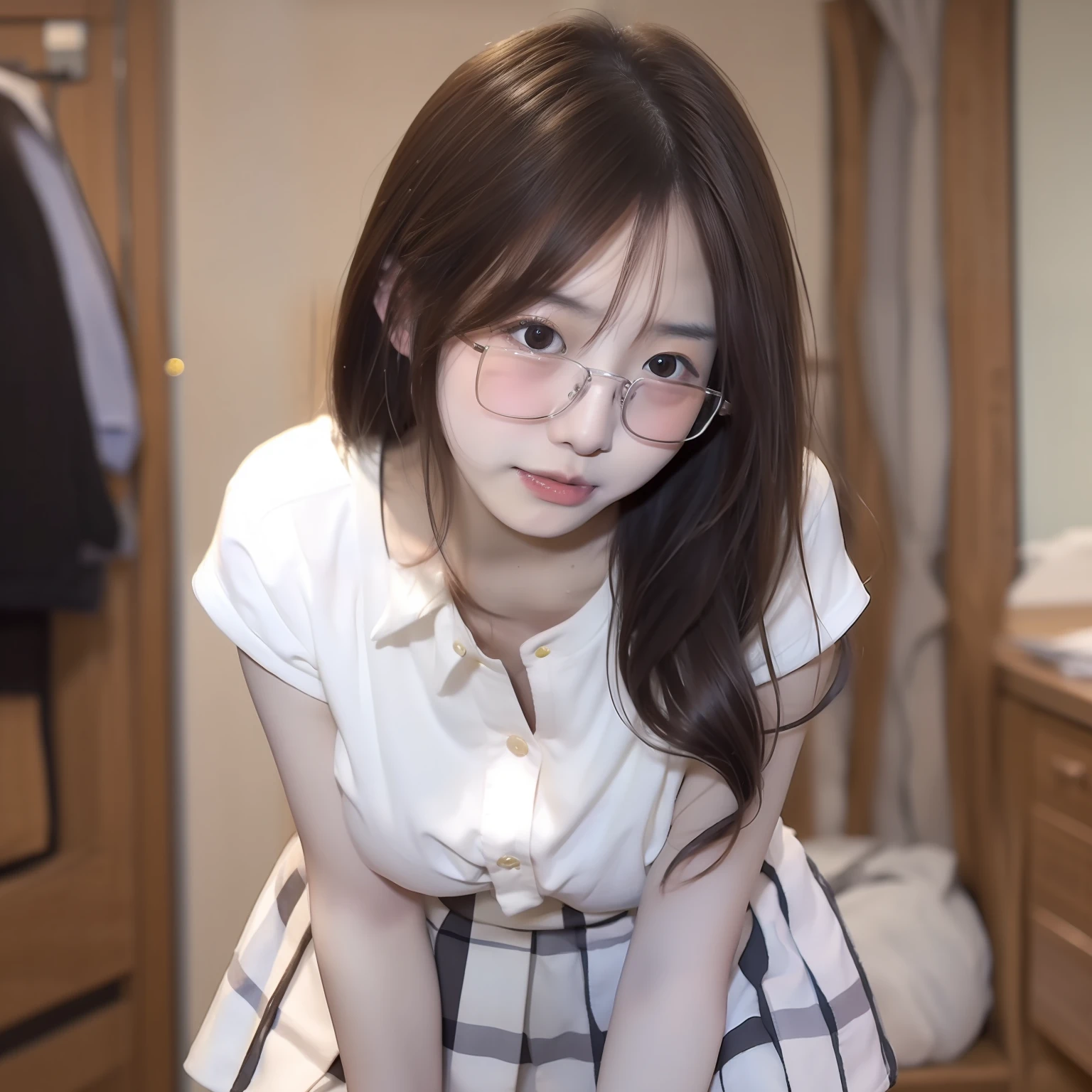 Kazeki Sasaki Girl Wen Jing wearing glasses Flat face Fair skin White shirt Short skirt Bust bust Bedroom Posture bent over sexy