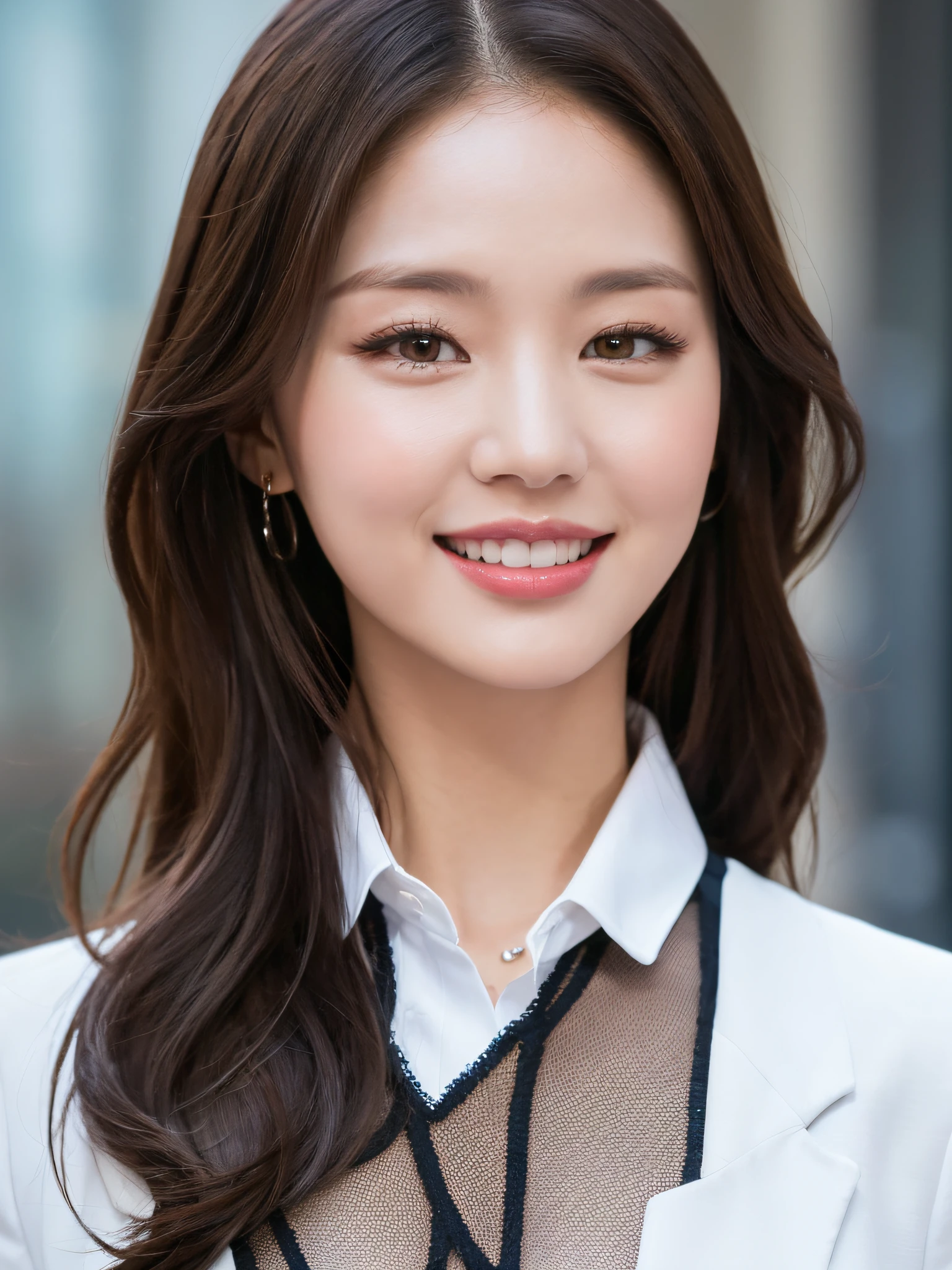 ((Best Quality, 8k, Masterpiece: 1.3)), 1 girl, smile, full body, slim face, pretty woman, short dark brown hair, white crisp shirt on upper body, black straight suit pants on upper body, high heels, super detailed face, detailed eyes, double eyelids, blurred background, slim face, tall building