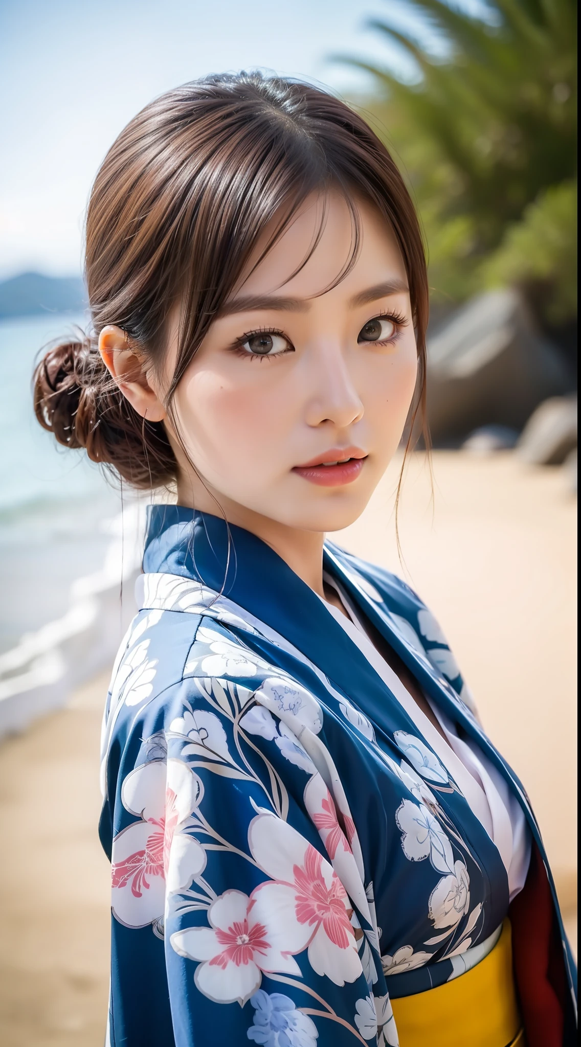 ((top quality, 8k, masterpiece: 1.3)), crisp focus: 1.2, beautiful woman with perfect figure: 1.4, (kimono), highly detailed face and skin texture, detailed eyes, (lips), beach