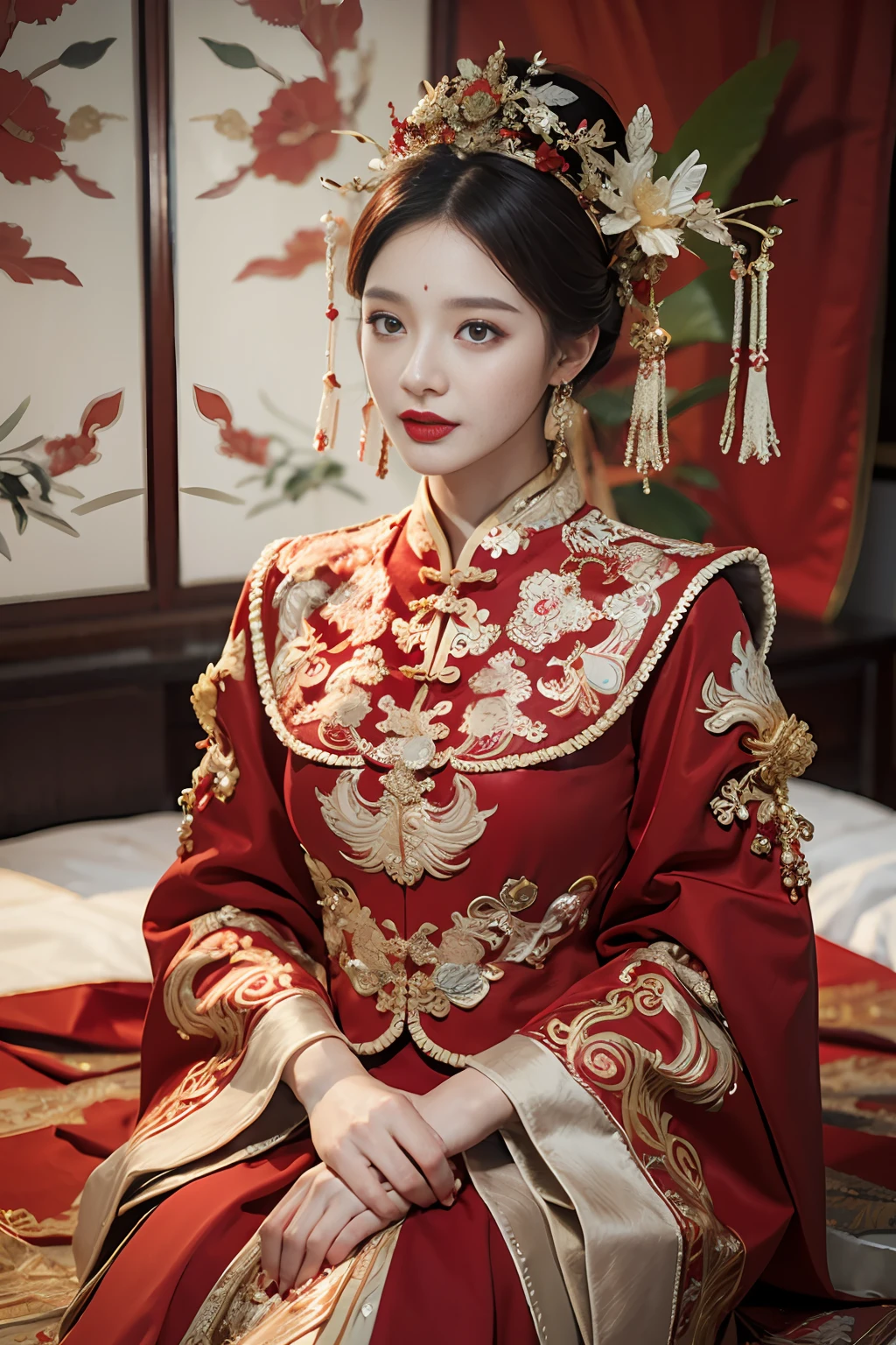 (ultra realistic 8k CG:1.2),perfect artwork,delicate pattern,intricate detail, (unparalleled masterpiece,best quality:1.2),(extremely intricate:1.2),a woman in a red and gold dress, Phoenix crown,hair stick,(sitting on red bed),Cosmetic,blush,shy,black_hair, looking down, Cosmetic,(forehead dot),(2 red candles), chinese_clothes, curtains, earrings, hair_ornament, hanfu, indoors, jewelry, red nails, long_sleeves, red dress, red lips, tassel, (Red quilt),(red palace:1.2),(ancient Chinese architecture),(red:1.8),night