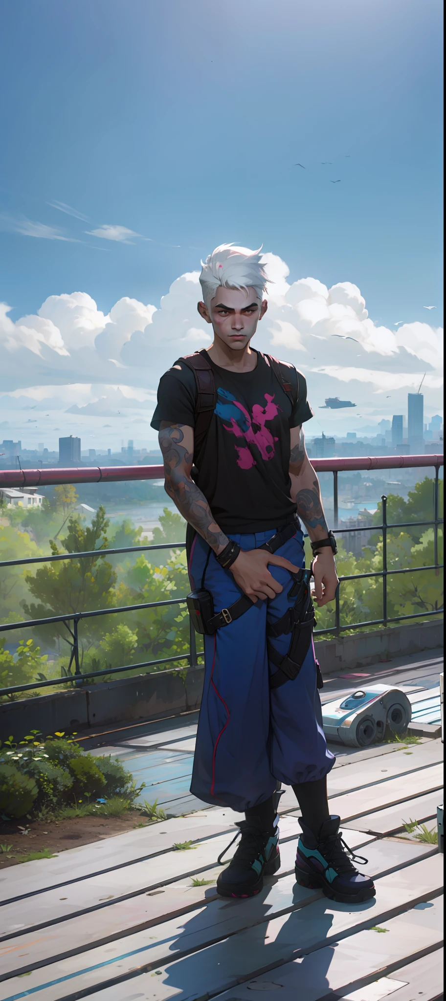 Young man with white hair black shirt with pink detail blue pants propped up on a deck with a city in the background sunny futuristic cyberpunk style