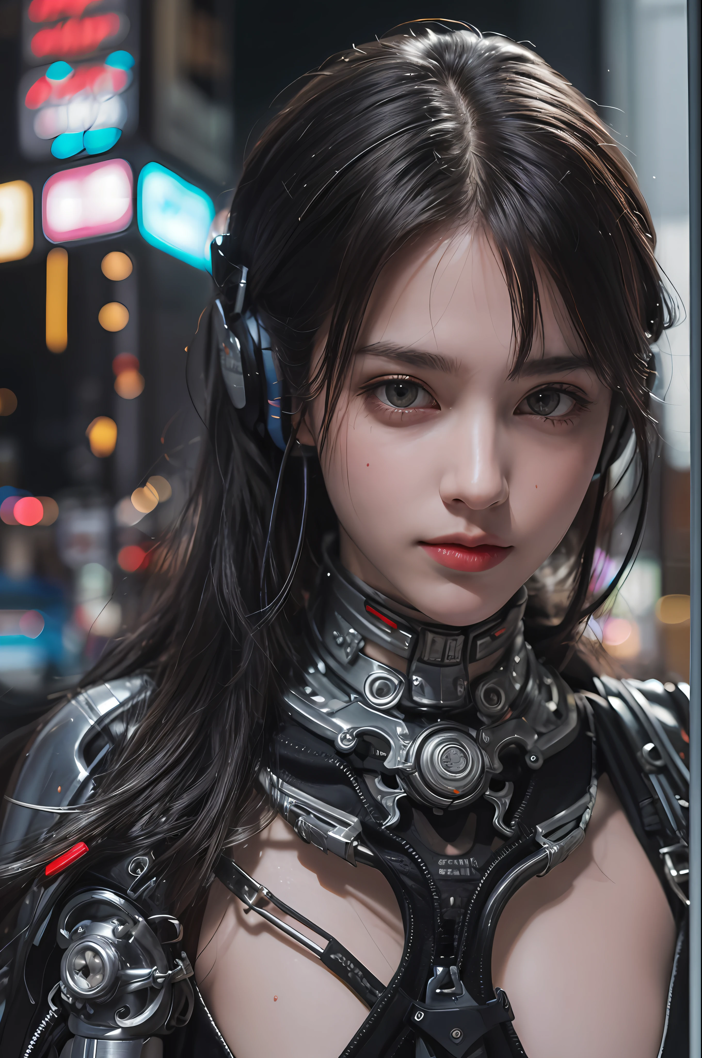 Top Quality, Masterpiece, Ultra High Resolution, (Photorealistic: 1.4), Raw Photo, Blade Runner Crowd Background, Futuristic Street Stall, One Girl in Crowd, Black Hair, Glossy Skin, 1 Mechanical Girl, ((Ultra Realistic Details)), Portrait, Global Illumination, Shadows, Octane Rendering, 8K, Ultra Sharp, Big, Cleavage Exposed Raw Skin, metal, intricate ornament details, headsets, hydraulic cylinders, highly intricate details, realistic light, CGSoation trend, purple eyes, glowing eyes, facing the camera, neon details, mechanical limbs, blood vessels connected to tubes, mechanical vertebrae attached to the back, mechanical cervical attachment to the neck, sitting, wires and cables connecting to the head, Evangelion, cyberpunk, small LED lamps,