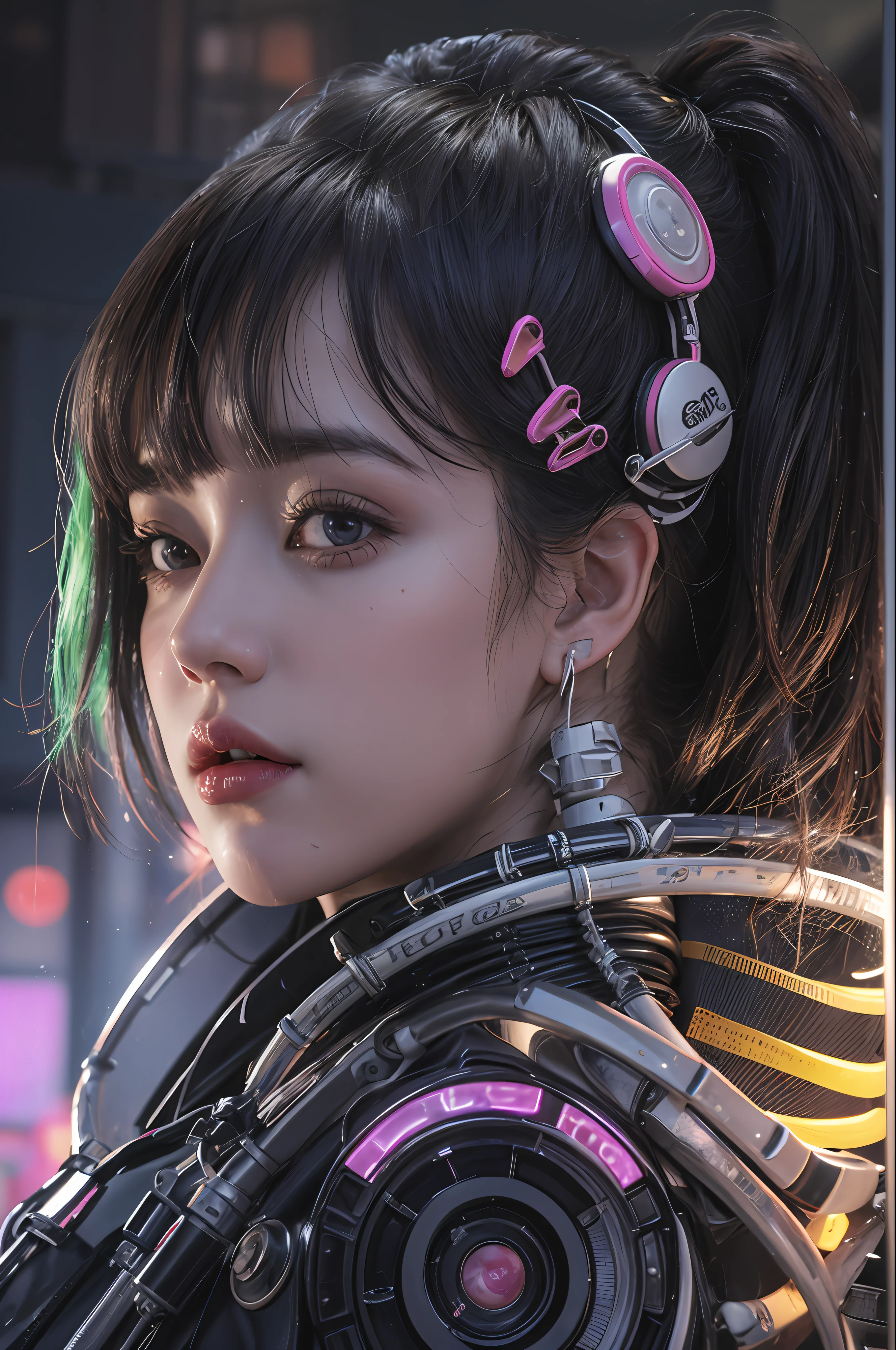Top Quality, Masterpiece, Ultra High Resolution, (Photorealistic: 1.4), Raw Photo, Blade Runner Crowd Background, Futuristic Street Stall, One Girl in Crowd, Black Hair, Glossy Skin, 1 Mechanical Girl, ((Ultra Realistic Details)), Portrait, Global Illumination, Shadows, Octane Rendering, 8K, Ultra Sharp, Big, Cleavage Exposed Raw Skin, metal, intricate ornament details, headsets, hydraulic cylinders, highly intricate details, realistic light, CGSoation trend, purple eyes, glowing eyes, facing the camera, neon details, mechanical limbs, blood vessels connected to tubes, mechanical vertebrae attached to the back, mechanical cervical attachment to the neck, sitting, wires and cables connecting to the head, Evangelion, cyberpunk, small LED lamps,