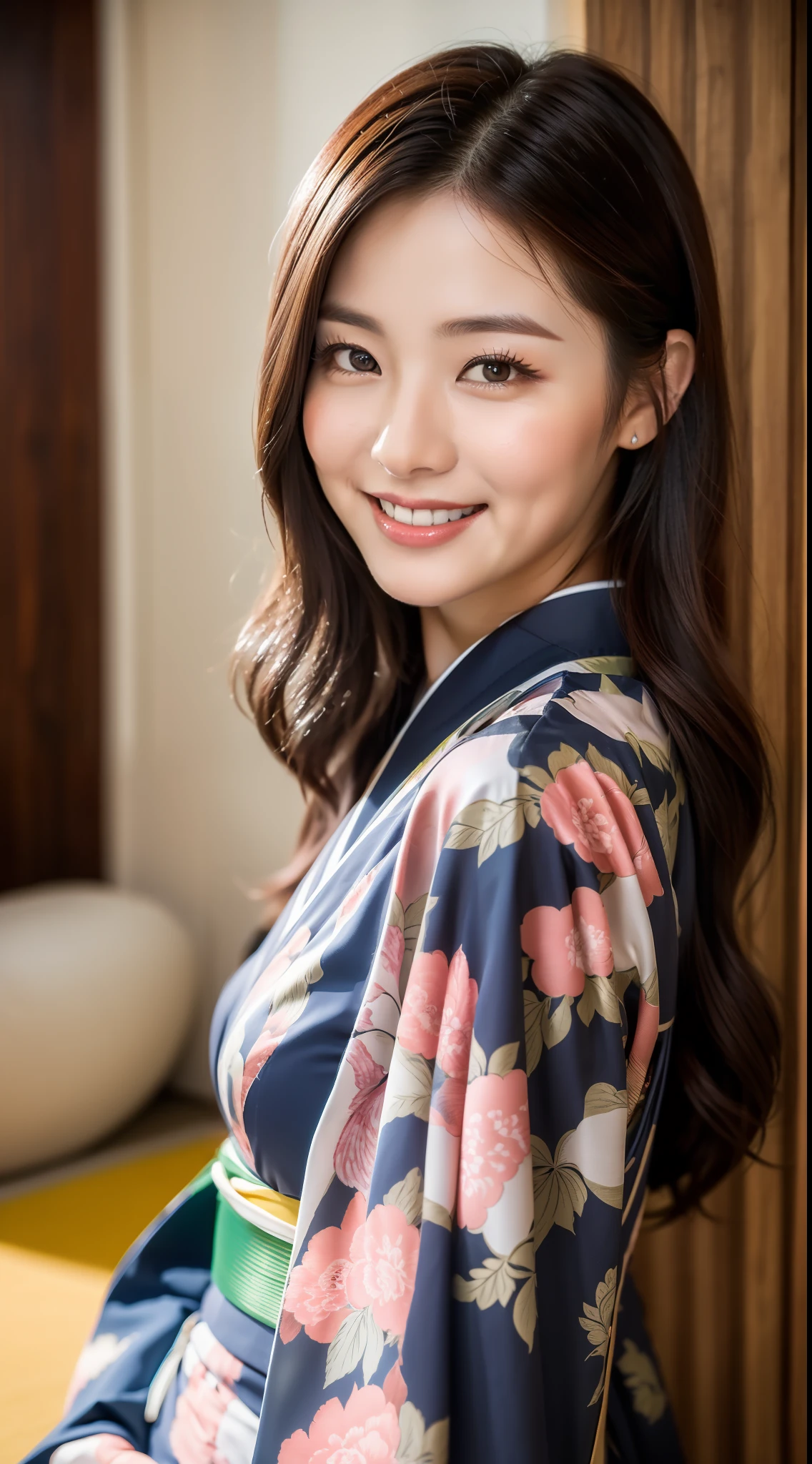 ((Top Quality, 8k, Masterpiece: 1.3)), Sharp Focus: 1.2, Beautiful Woman with Perfect Figure: 1.4, (Kimono), Highly Detailed Face and Skin Texture, Detailed Eyes, (Lips), Smiling, Living Room