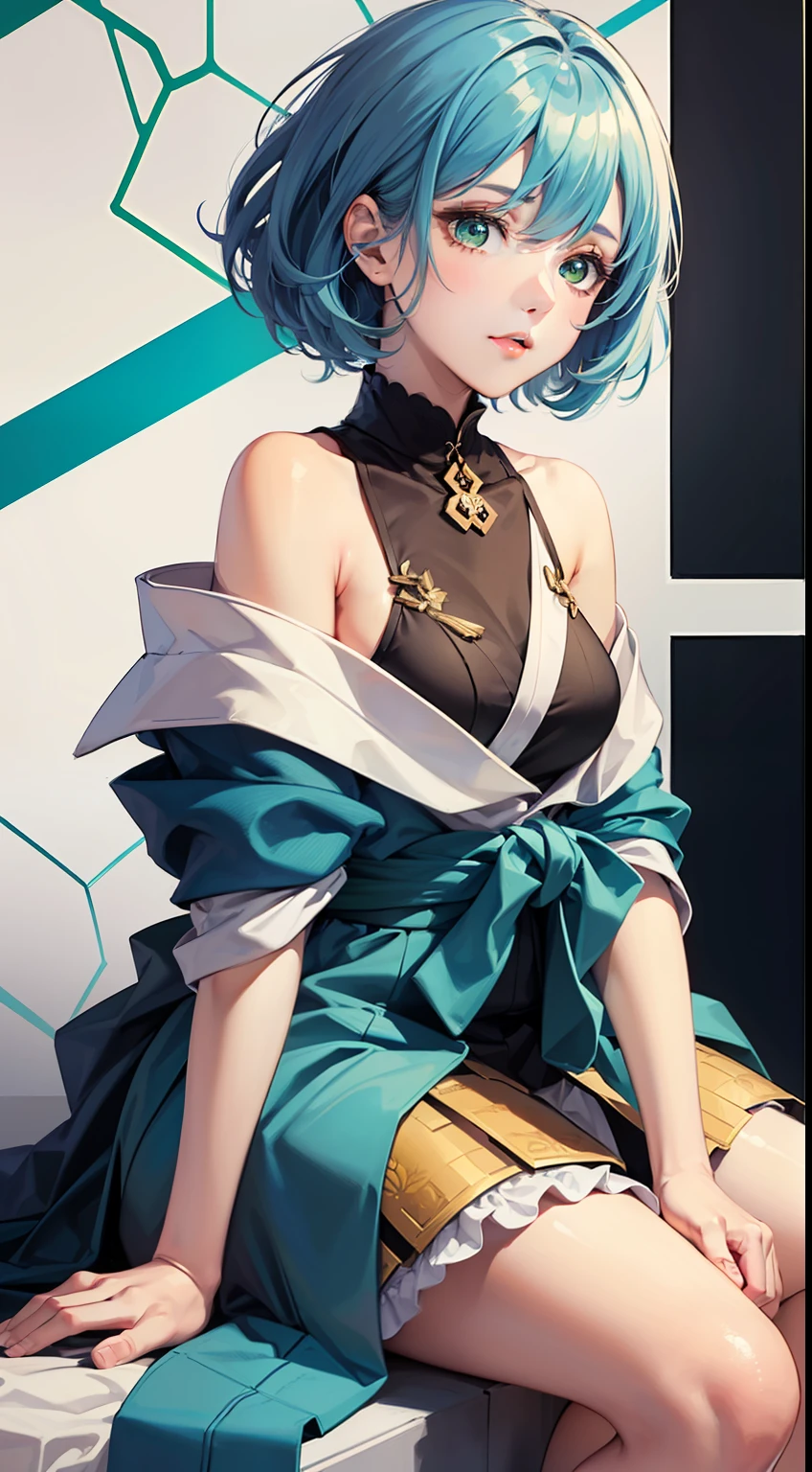 [(white background:1.5)::5], hexagon,masterpiece, (best quality), ((1girl)),young,upper body,((blue hair)),((green eyes)),(((hand between legs))),short hair,expressive hair,short kimono,perfect hands,game cg,absurdres, wallpaper, illustration