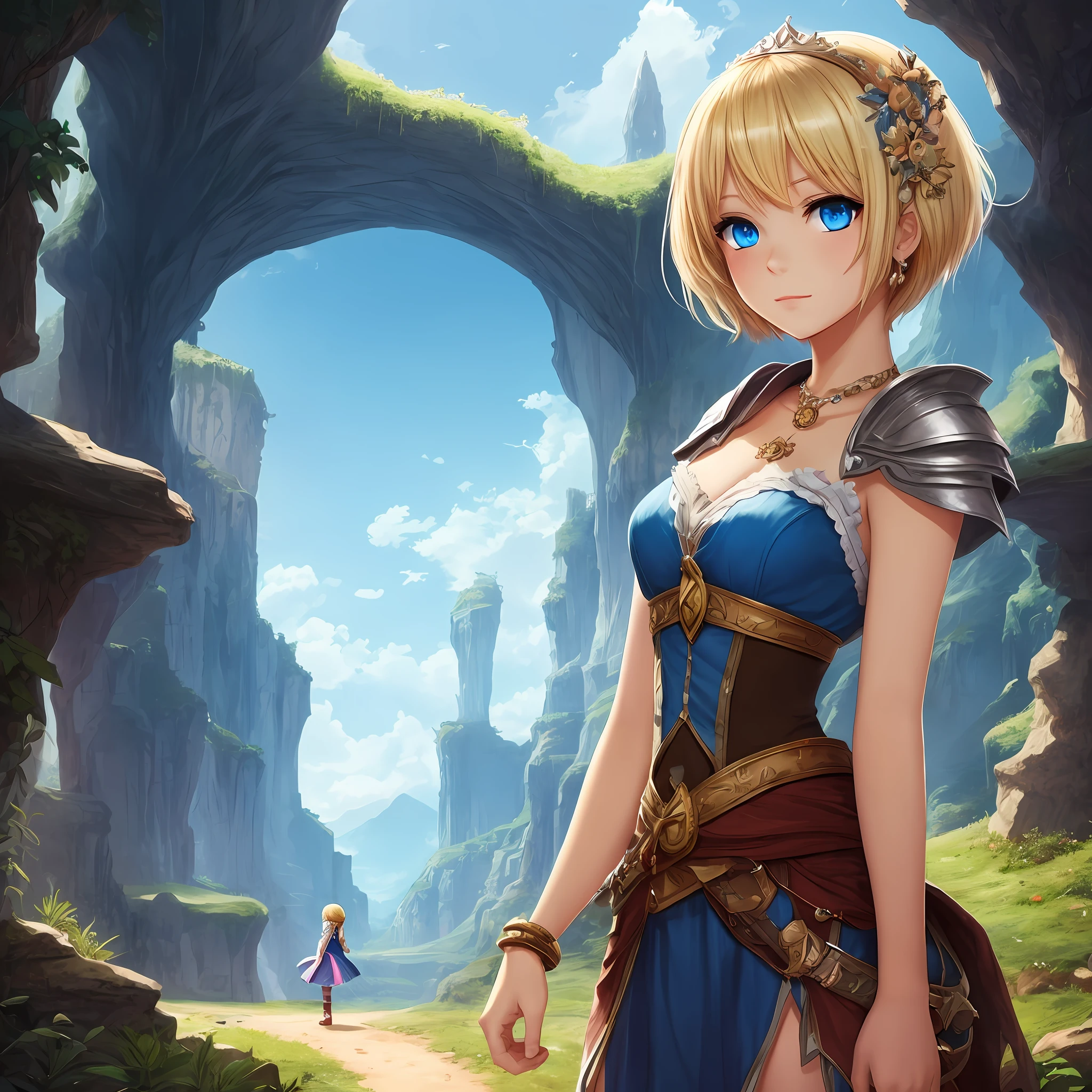 Princess, blue eyes, blonde hair, short hair, adventure, fantasy world, beautiful, 2d --auto