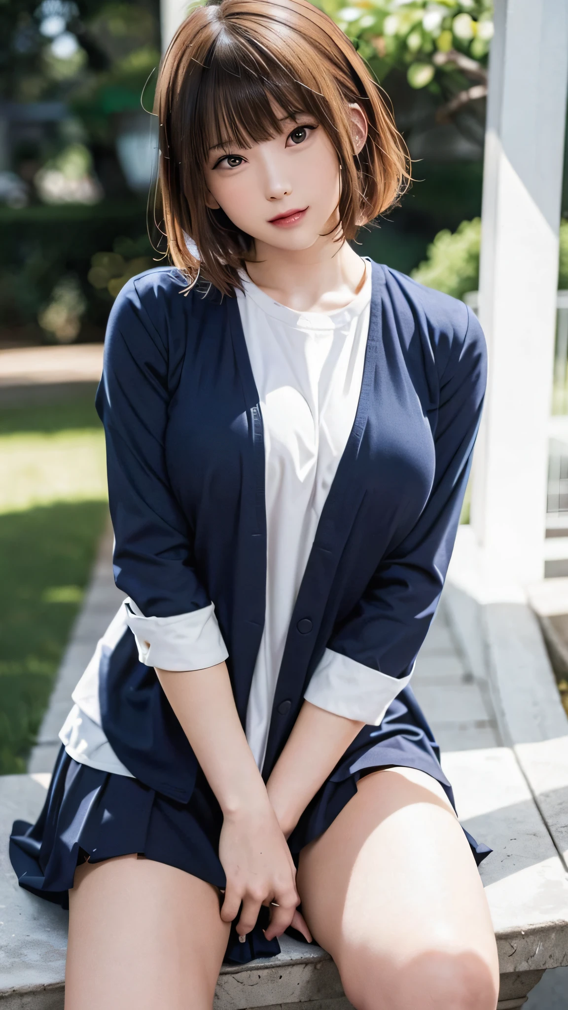 (8K, top quality, masterpiece: 1.2), (realistic, photorealistic: 1.2), sitting, (panty shot)))), (spreads your legs)))), solo, beautiful definition sky, night, wet, watching the viewer, (sit: 1.5), dating, future, (nose brush), smile, big breasts, fine beautiful eyes,), (dark blonde: 1), (short hair :1.1), Panty shot, Spread legs, Skirt, School uniform, White panties, Socks, Black hair, Shirt, Blurred, Blurred background, Knee-high, White shirt, Loafers, Realistic, Long hair, Lips, Brown eyes, Black socks, Tie, Pleated skirt, Bow, Headrest, Sideways, Outdoors, Brown footwear, Masterpiece, Best quality, Ultra detailed, ((((Panty Shot))), (((Spread your legs))),