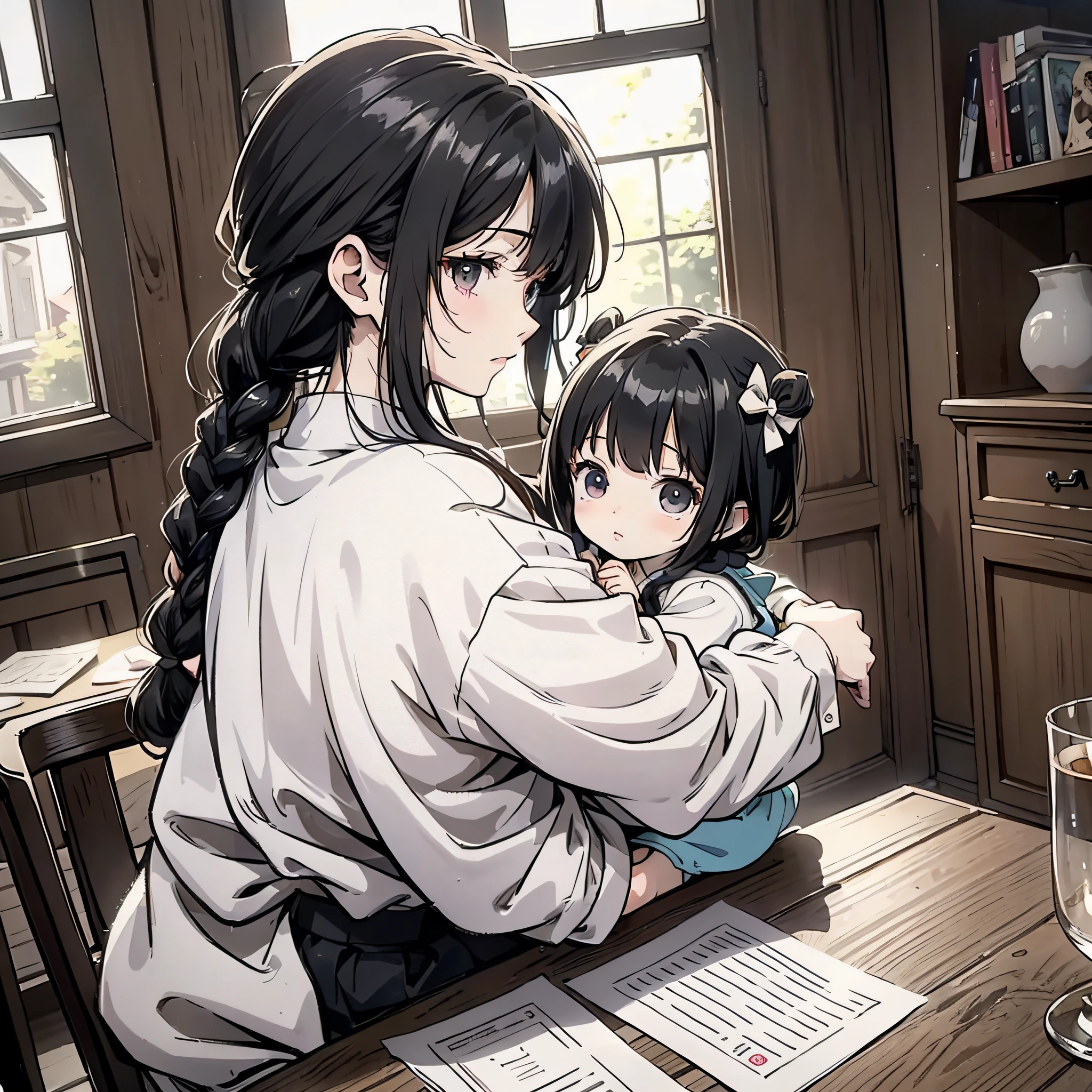 In a village room, a woman with long black hair and a braid white blouse carries a baby on her back, sitting at a table with her back to the camera writing a letter, close-up 1.5 on the back (1.8 shown on the back) (background is 1.5 in the room of the village) anime style 4 K, anime rendering, anime style. 8K, upper body display 1.5) (cinematic lighting 1.5)