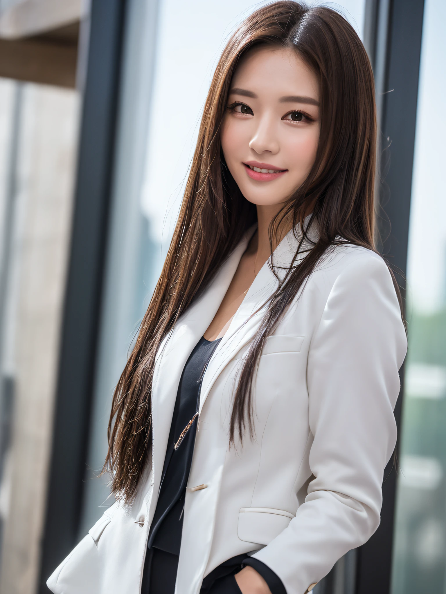 ((Best Quality, 8k, Masterpiece: 1.3)), 1 girl, smile, full body, slim face, pretty woman, short dark brown hair, white crisp shirt on upper body, black straight suit pants on upper body, high heels, super detailed face, detailed eyes, double eyelids, blurred background, slim face, tall building