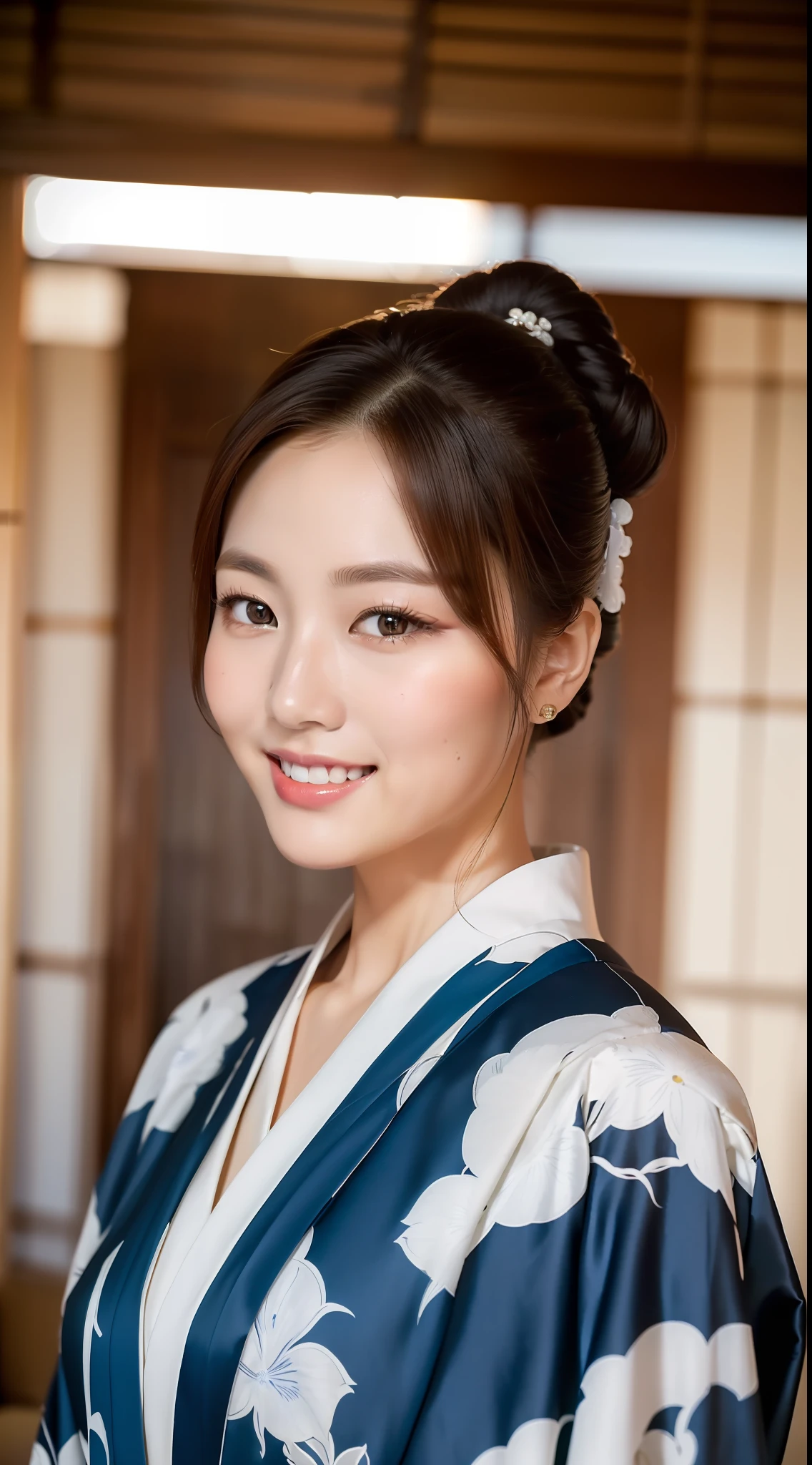 Living room, (((top quality, 8k, masterpiece: 1.3)), crisp focus: 1.2, beautiful woman with perfect figure: 1.4, (kimono), highly detailed face and skin texture, detailed eyes, (lips), smile,