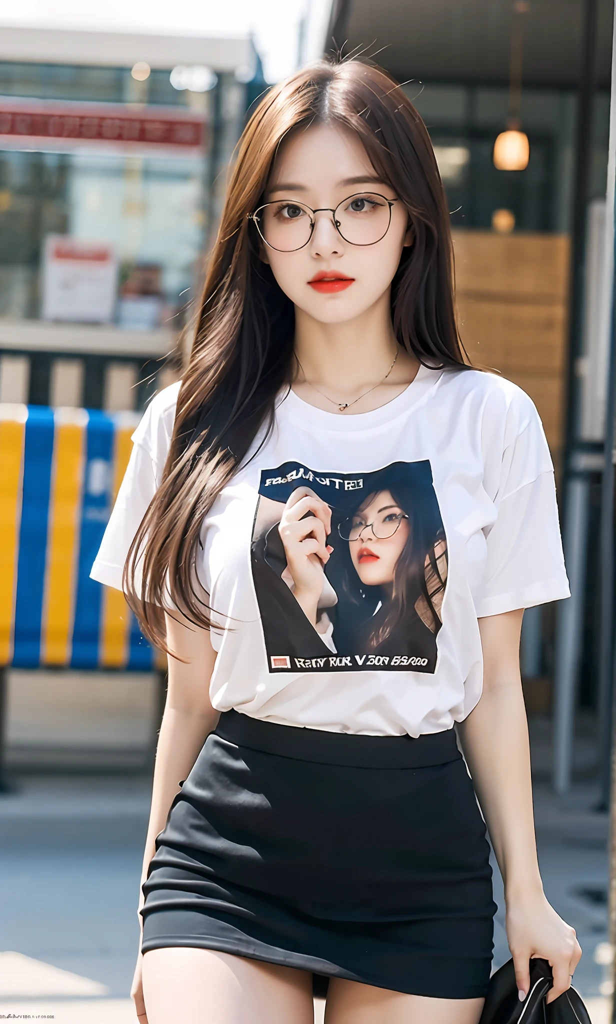 ulzzang-6500-v1.1,(raw photo:1.2), (photorealistic:1.4), beautiful detailed girl, very detailed eyes and face, beautiful detailed eyes, ridiculous, incredibly ridiculous, huge file size, super detailed, high resolution, very detailed, best quality, masterpiece, ((t-shirt)), illustration, very detailed, CG, unified, 8k wallpaper, amazing, fine details, masterpiece, Best quality, very detailed CG unified 8k wallpaper, face light, movie lighting, 1girl, 16 years old, long white hair, side split, (big breasts), (no panties), (with glasses), (dynamic pose), (sexy pose), (half), ((black skirt)), (bent knees)