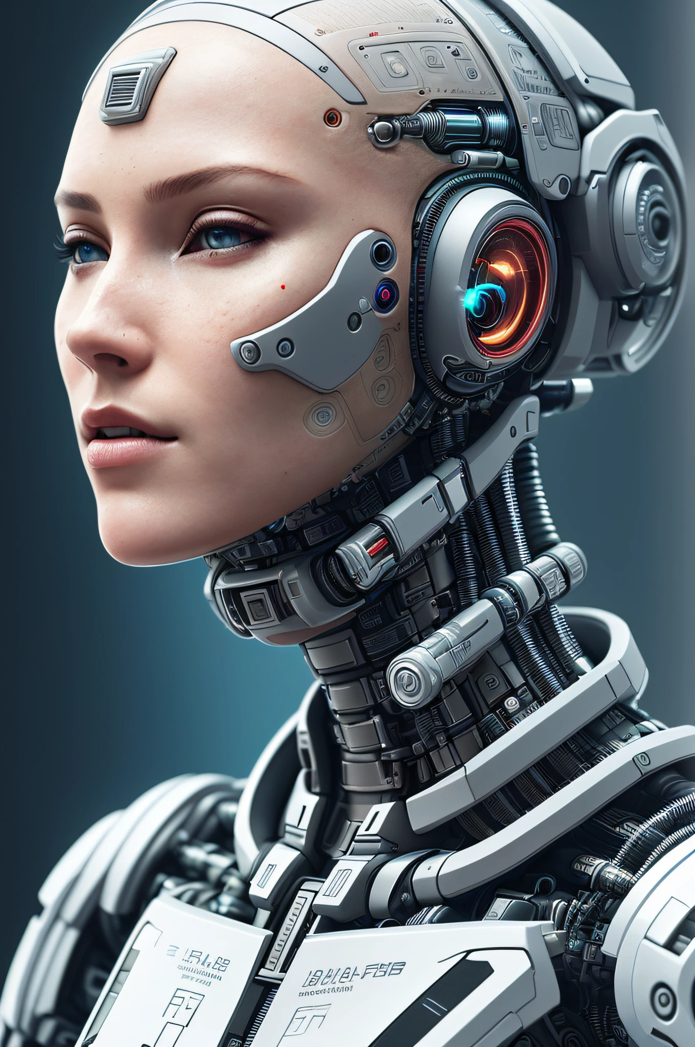Cyborg Woman | Female Face | Flesh-colored skin | Electronic Systems On-Head Humanoids | Detailed Brain in Sight | Detailed connection wire | Biopunk | Cybernetics | Cyberpunk | Canon M50| 100mm| Sharp Focus | Hyperrealism | Very detailed| Intricate Details | Side view |