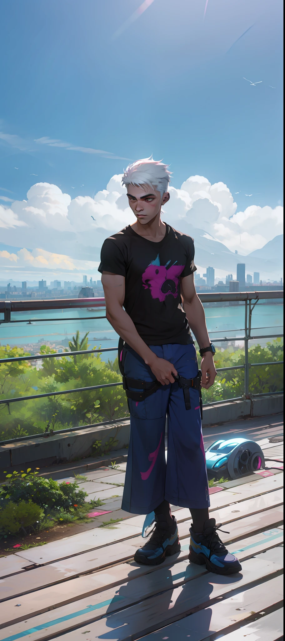 Young man with white hair black shirt with pink detail blue pants propped up on a deck with a city in the background sunny futuristic cyberpunk style