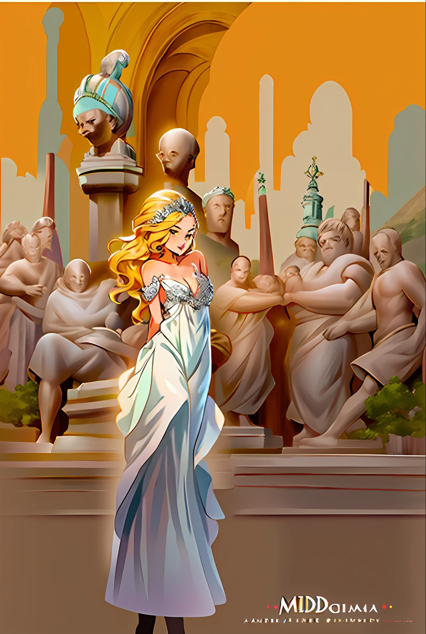 Model shooting style, (extremely detailed CG Unity 8k wallpaper), full-shot body photo of the most beautiful artwork in the world, stunning beautiful photo realistic available, super realistic super detailed photo, a beautiful girl as a female dancer entering the Loggia dei Lanzi of Florence,complex dress, banquet, crowd, [slight smile], (Sculpture of Hercules background), (princess eyes, shining pupils), detailed symmetrical beautiful hazel eyes, detailed gorgeous face, highly detailed, Vibrant, professional majestic oil painting by Ed Blinkey, Atey Ghailan, Studio Ghibli, Jeremy Mann, Greg Manchess, Antonio Moro, ArtStation Trends, CGSociety Trends, Complex, High Detail, Sharp Focus, Dramatic, Realistic Painting Art, by Midjourney and Greg Written by Rutkowski