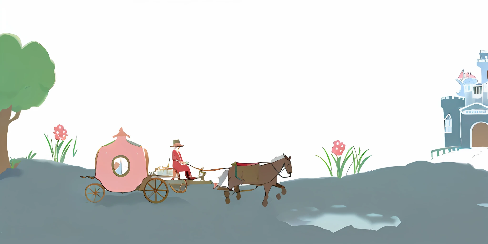 Carriages, coachmen, roads, horses, trees, flowers, castles