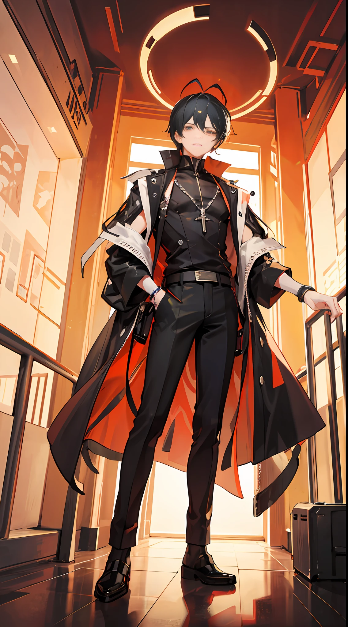 Create a full-body, highly detailed, and high-resolution 16k image of a beautiful boy who personifies the Tokyo Tower. he should be standing, with he entire body visible. He design should emphasize elements that are characteristic of Tokyo Tower, such as its red and white color scheme and its distinctive antenna. The background should be completely black, highlighting the character even more. He pose should be strong and confident, reflecting the towering presence of the landmark he represents. The art style should be photorealistic, with a focus on capturing the intricate details of he design. --ar 16:9 --v 5.1 --style raw --q 2 --s 750