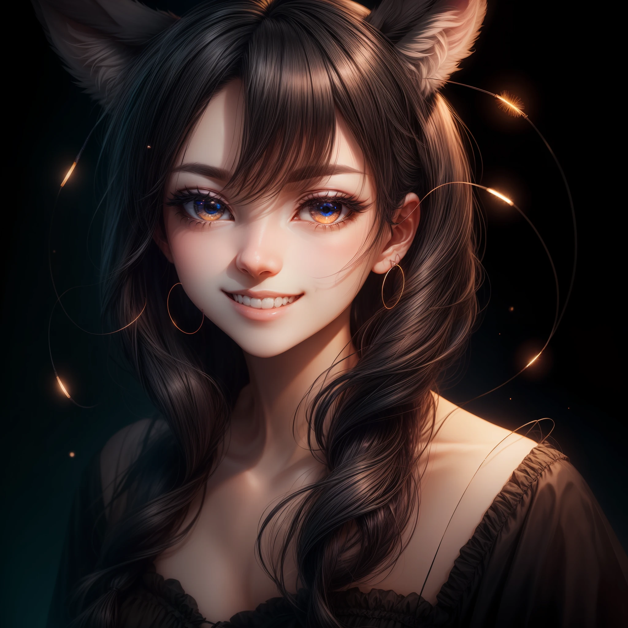 black hair, hair bobbles, wince, longeyelashes, solid circle eyes, fake animal ears, light smile, ear blush, fang, Surrealism, drop shadow, anaglyph, stereogram, tachi-e, pov, atmospheric perspective, 8k, super detail, ccurate, best quality --auto