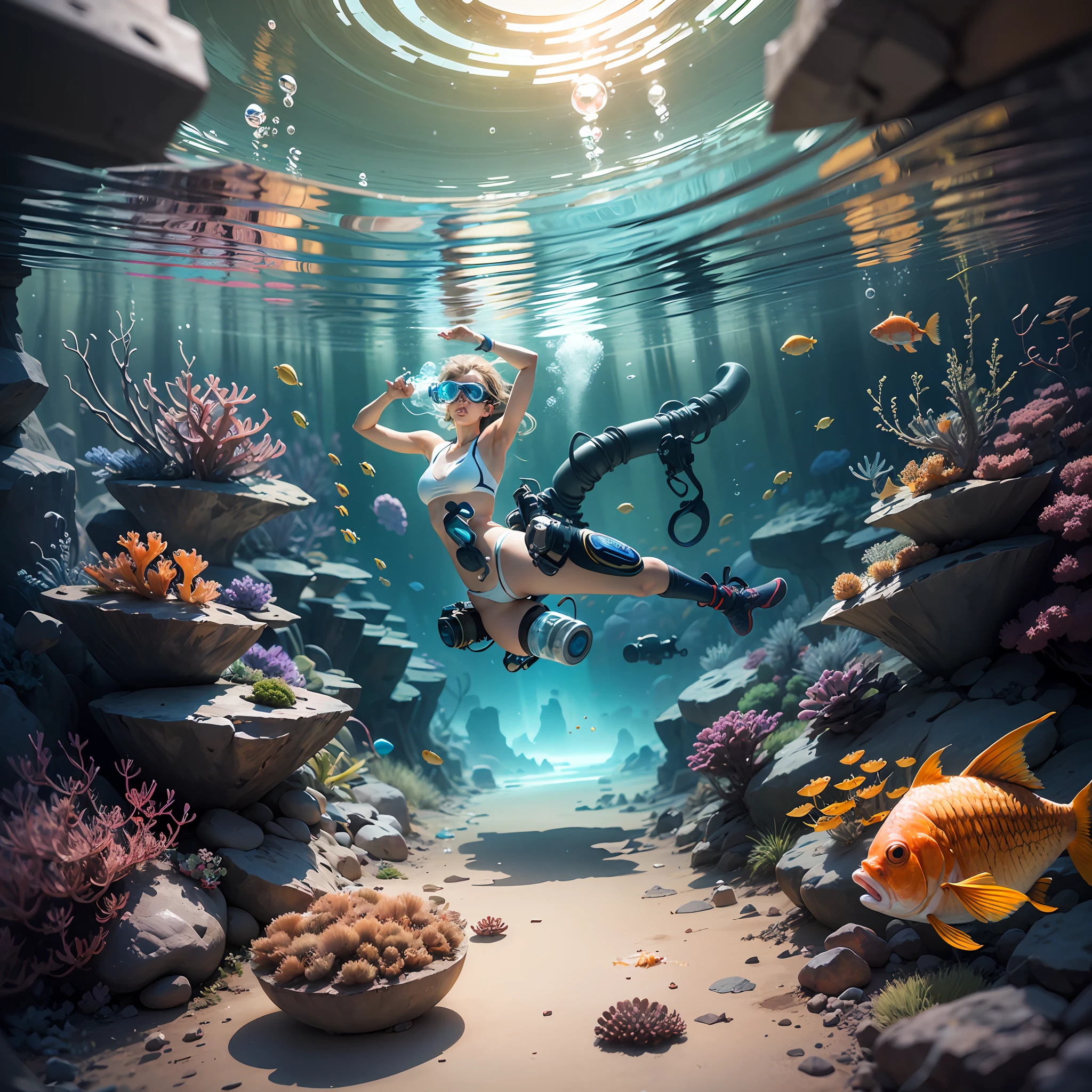 (extremely realistic CG unity 8k wallpaper, masterpiece, best quality, ultra real), (best lighting), diving, perfect body, oxygen bottle, bubbles, diving goggles, white bikini, view from behind, corals, goldfish, photo, photographs, real, --auto