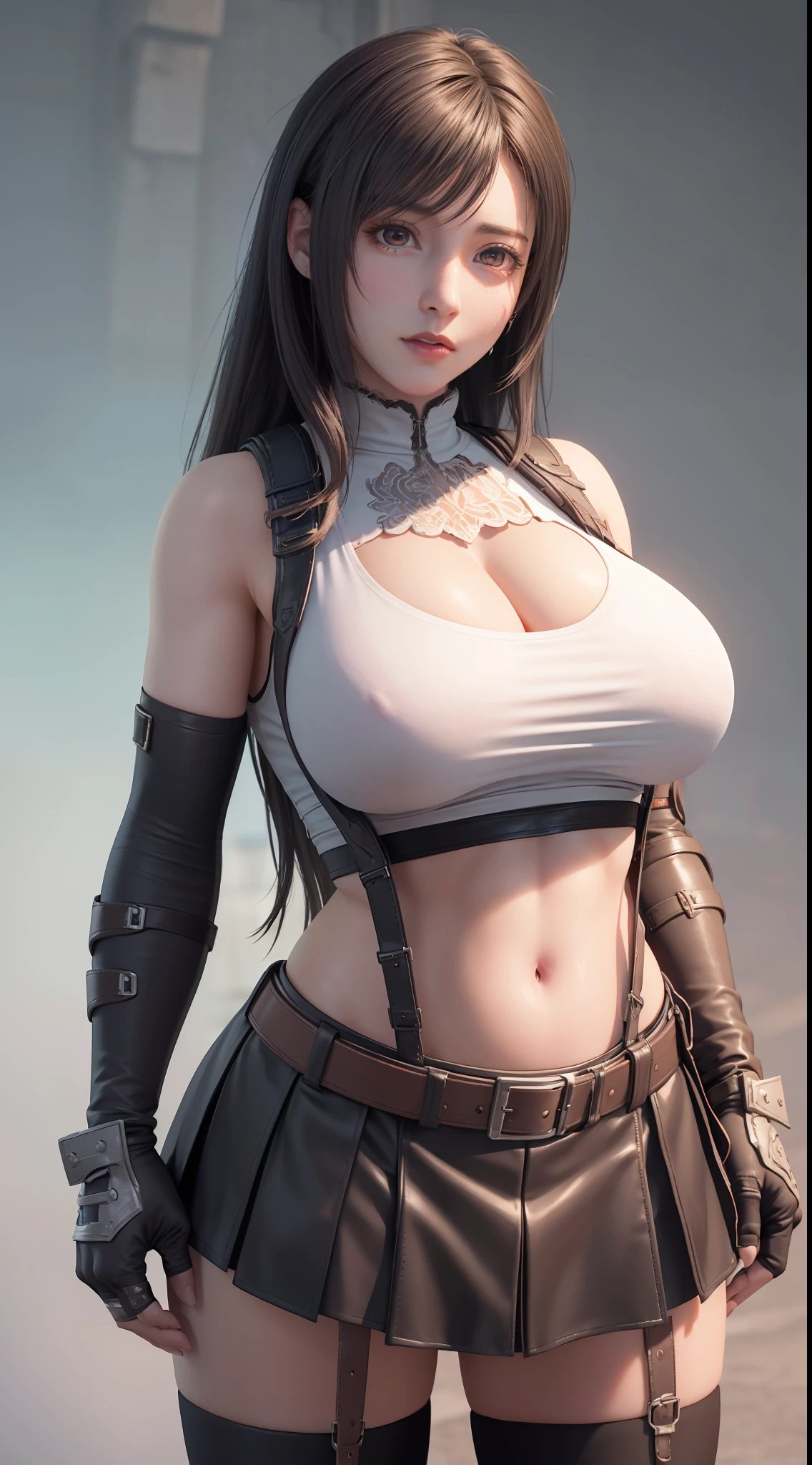 Unreal Engine 5 Realistic Render, (masterpiece, best quality), intricate details, (Best quality)), ((masterpiece)), ((realistic)), (hyperrealism:1.2), (fractal art:1.2),
1girl, 7rtifa, crop top, arm guards, fingerless gloves, suspenders, pleated miniskirt, black thighhighs, red boots
extreme detailed eyes, colorful, highest detailed,
vibrant colors, high contrast,
(8K UHD:1.2), (photorealistic:1.2), beautiful face, top body is hyper realistic thicc muscle and hyper largest_breasts!! with the type of boobs_melons, lower is huge buttocks, wet shiny body