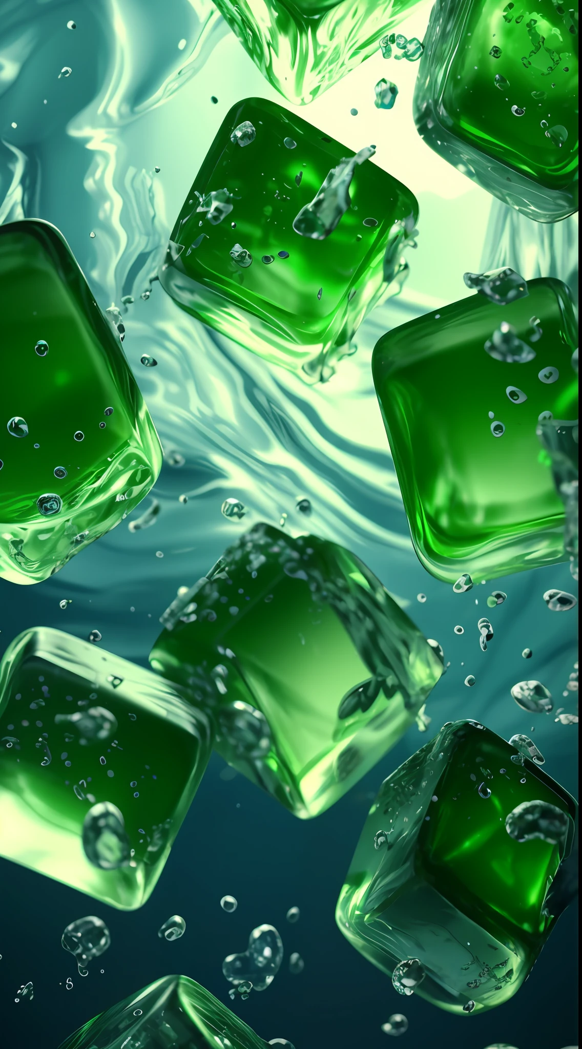 a close up of a bunch of green ice cubes floating in water, beautiful green liquid, green crystal, ice cubes, green water, drops, #green, glowing green crystals, emeralds, liquid simulation background, green theme, green waters, stunning screensaver, 3 d fluid simulation render, wallpaper - 1 0 2 4, melting ice cube, green colors, icey