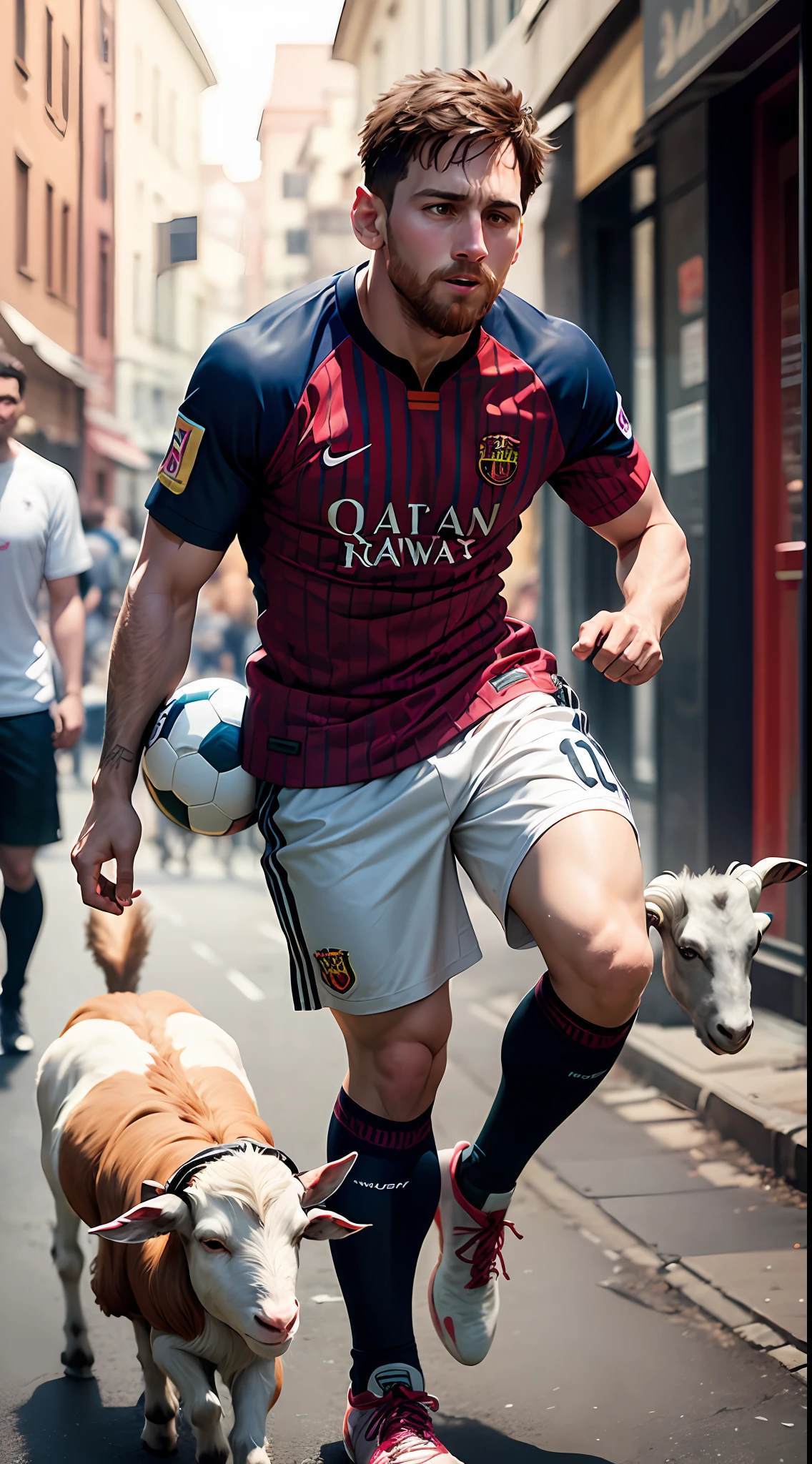 messi with a goat playing football on street group of people watching him realistic art illustation , --auto