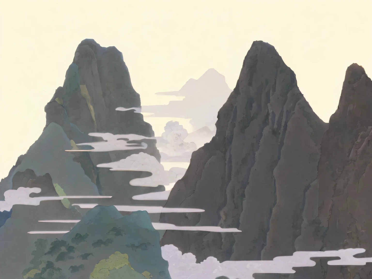 there are many mountains with clouds in the sky and a boat in the water, floating mountains, mountainous background, avatar landscape, mountain background, some mountains in the background, mountainscape, mountains, background mountains, large mountains in back, mountains background, mountains in a background, anime landscape, moutains, misty mountains, floating lands in-clouds