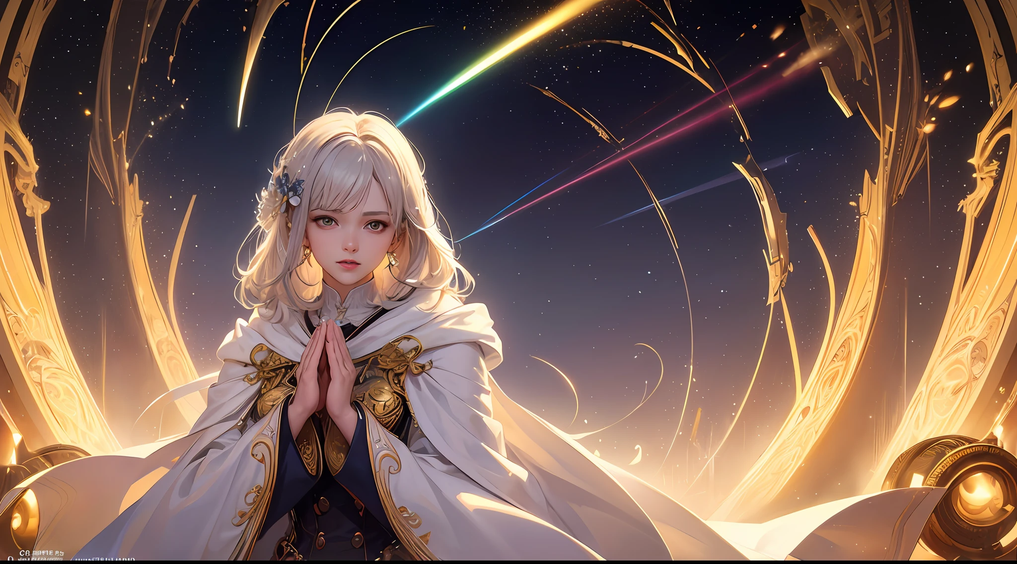 (masterpiece, top quality, best quality, official art, beautiful and aesthetic:1.2), (1girl), extreme detailed, (fractal art:1.3), colorful, highest detailed, perfect face, upper body, HDR, (praying:1.3), (white cloak golden lines:1.2), galaxy, (light streaks), striking visuals, (dynamic streaks, luminous trails:1.2), vibrant colors,