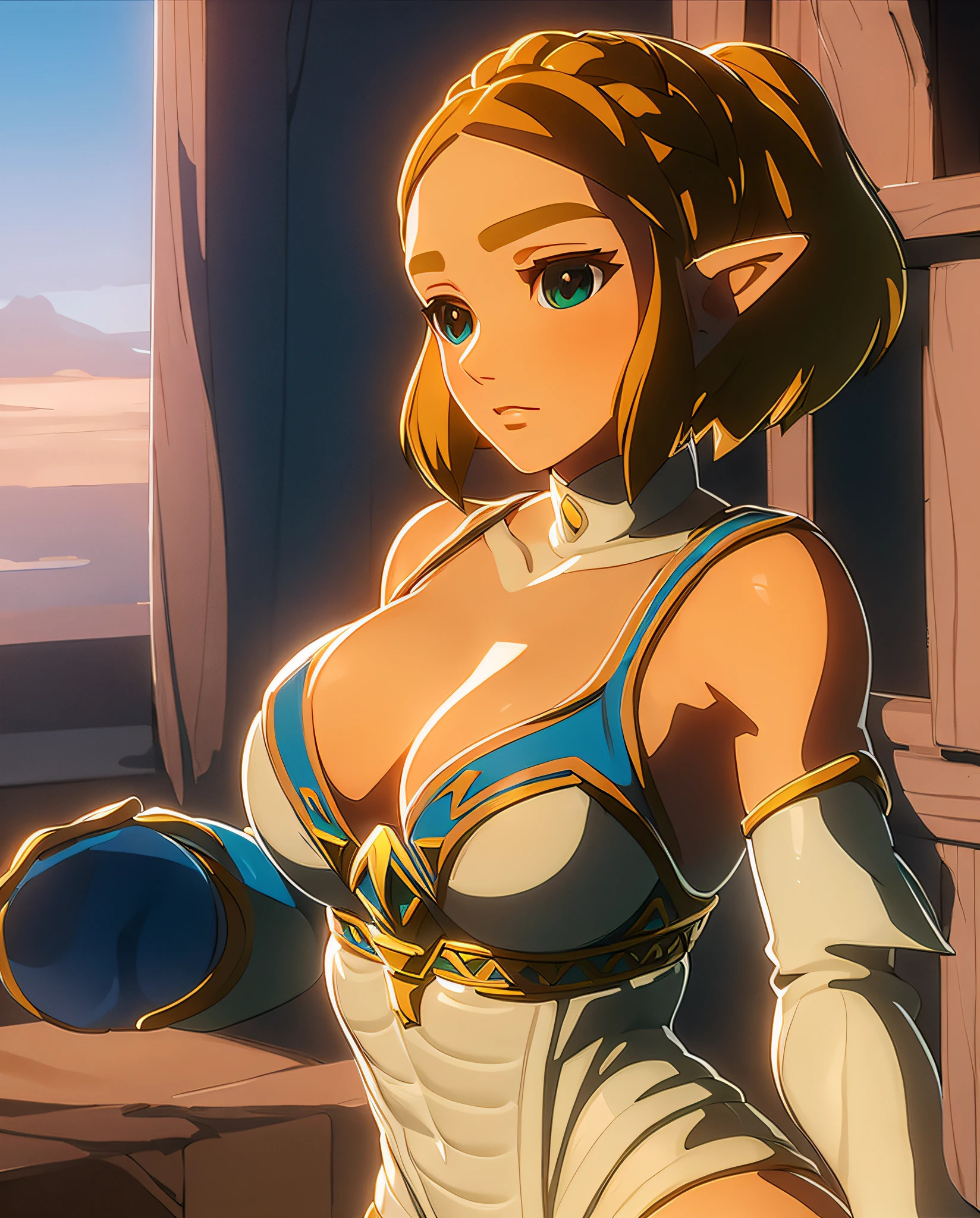 masterpiece,best quality,zelda\(princess\), 1girl, solo, large breasts,short_hair, pony tail, cleavage, young girl, young teen, 17 year old, very skinny,