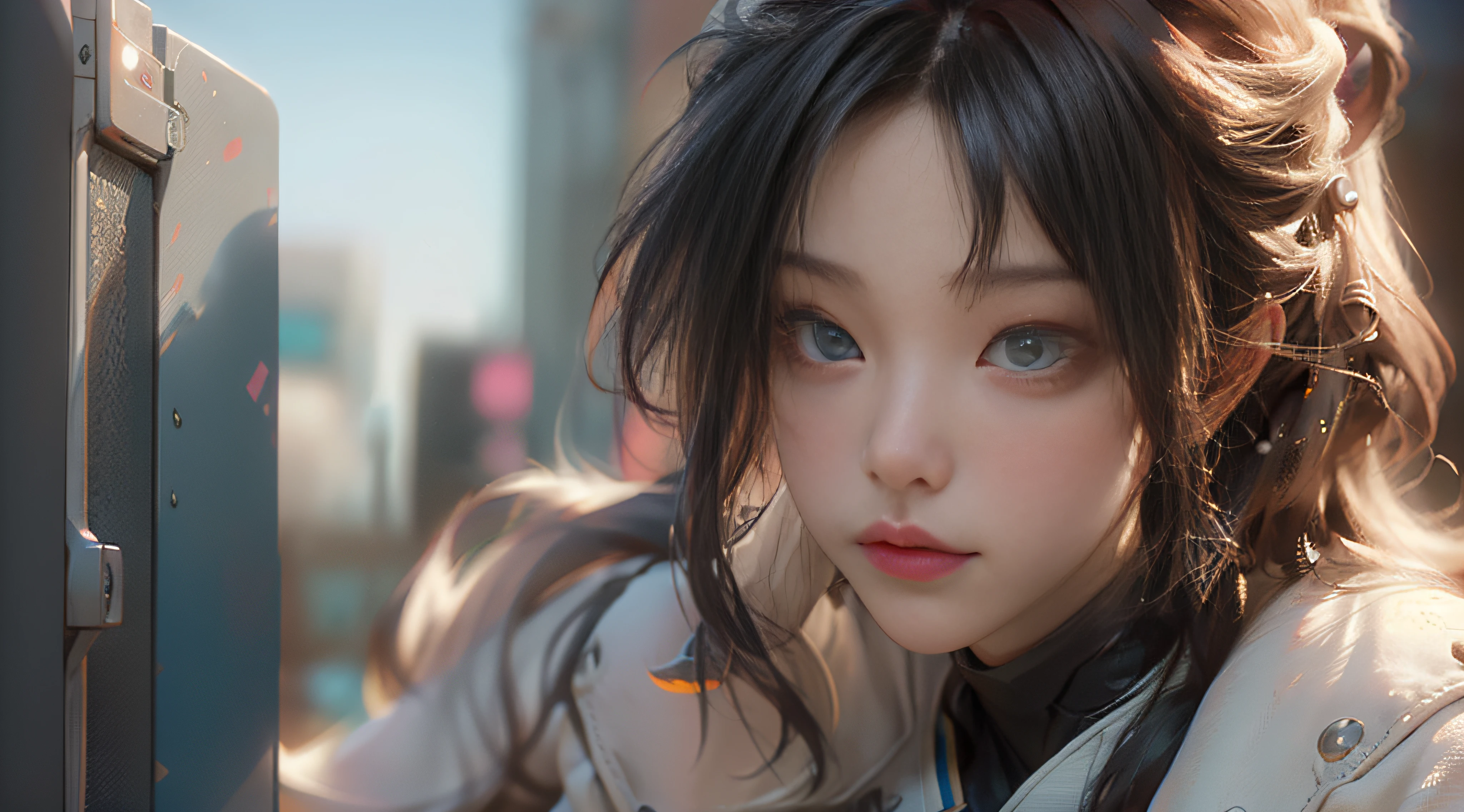 ((best best quality)), ((MasterPiece)), (Detail:1.4), 3D, A beautiful cyberpunk female image,HDR(high dynamic range),RayTrace,nvidia rtx,The ultra-Resolution,Unreal 5,Subsurface scattering、pbr texturing、postprocessing、Anisotropic Filtering、depth offield、Maximum Clarity and Clarity、Many-Layer Textures、Albedo and Specular map、Surface coloring、Mitsu-Accurate simulation of material interactions、Perfect Scale、octanerendering、Two-colored light、large aperture、low ISO、white balance、Rule of Thirds、8K RAW、beautiful bright pupils,flowing robe,Fine pupils,Detailed face and eyes,Long Lashes,Blushlush,voluminous hair,Tender red lips