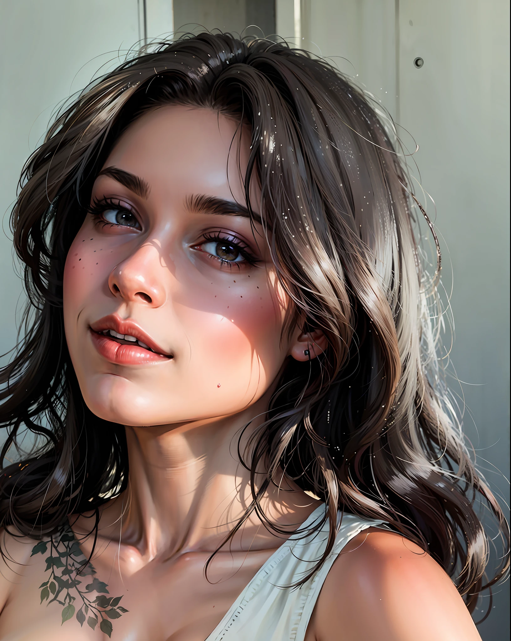 a hyper-realistic portrait of a young woman, under a tree, inside a forest, in the middle of nature, 22 years old, realistic, (lying on her side), sexy, (huge breasts 2:1), short brown hair, (hair tied with bows), curved, SFW