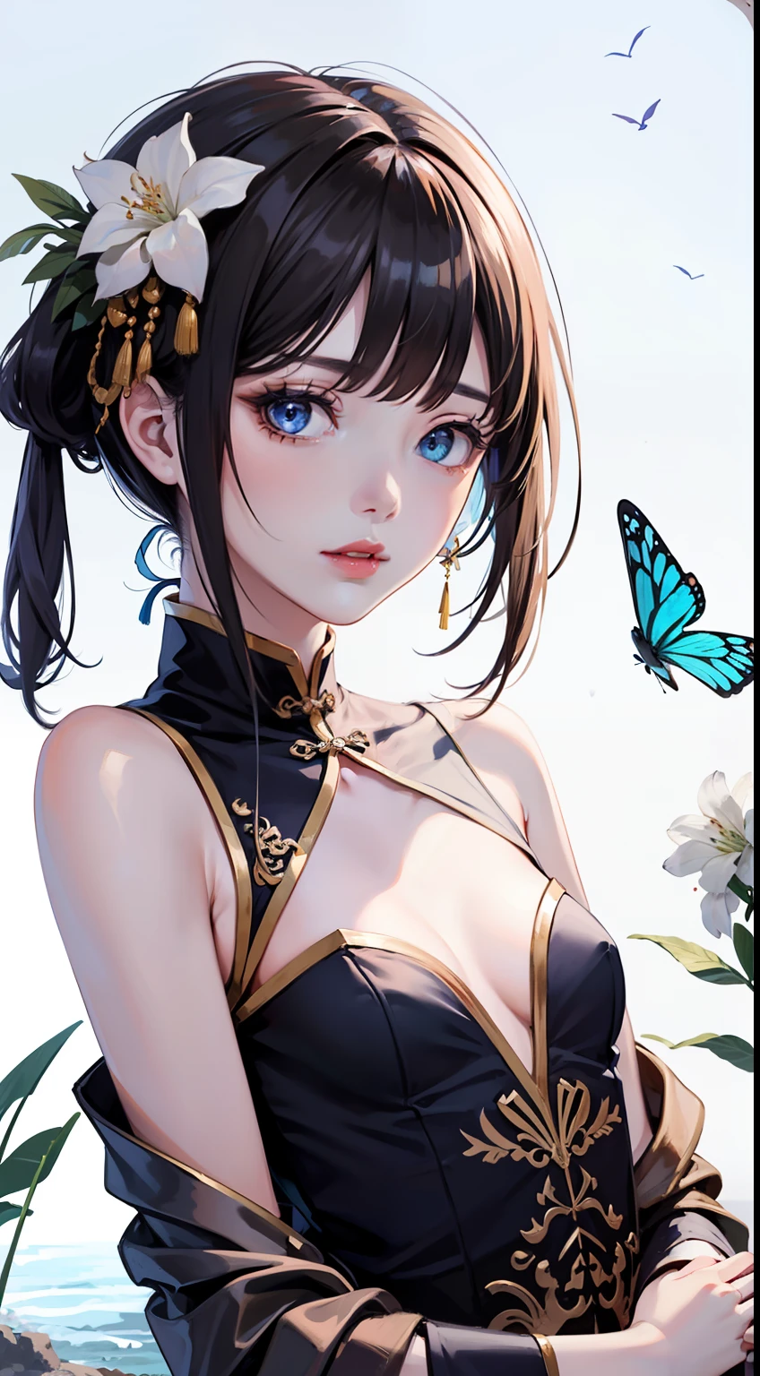 [(white background:1.5)::5], 1girl,upper body,fashi-girl,china dress,chinese clothes,small hair flower,(masterpiece:1.4),(best quality:1.4),(shiny skin),red lips,((hime cut)), looking at viewer,medium breasts,parted lips chinese style architecture,standing on ocean, sea waves, water splashes, sky, detailed moon, light particles, butterflies, night, starry sky,