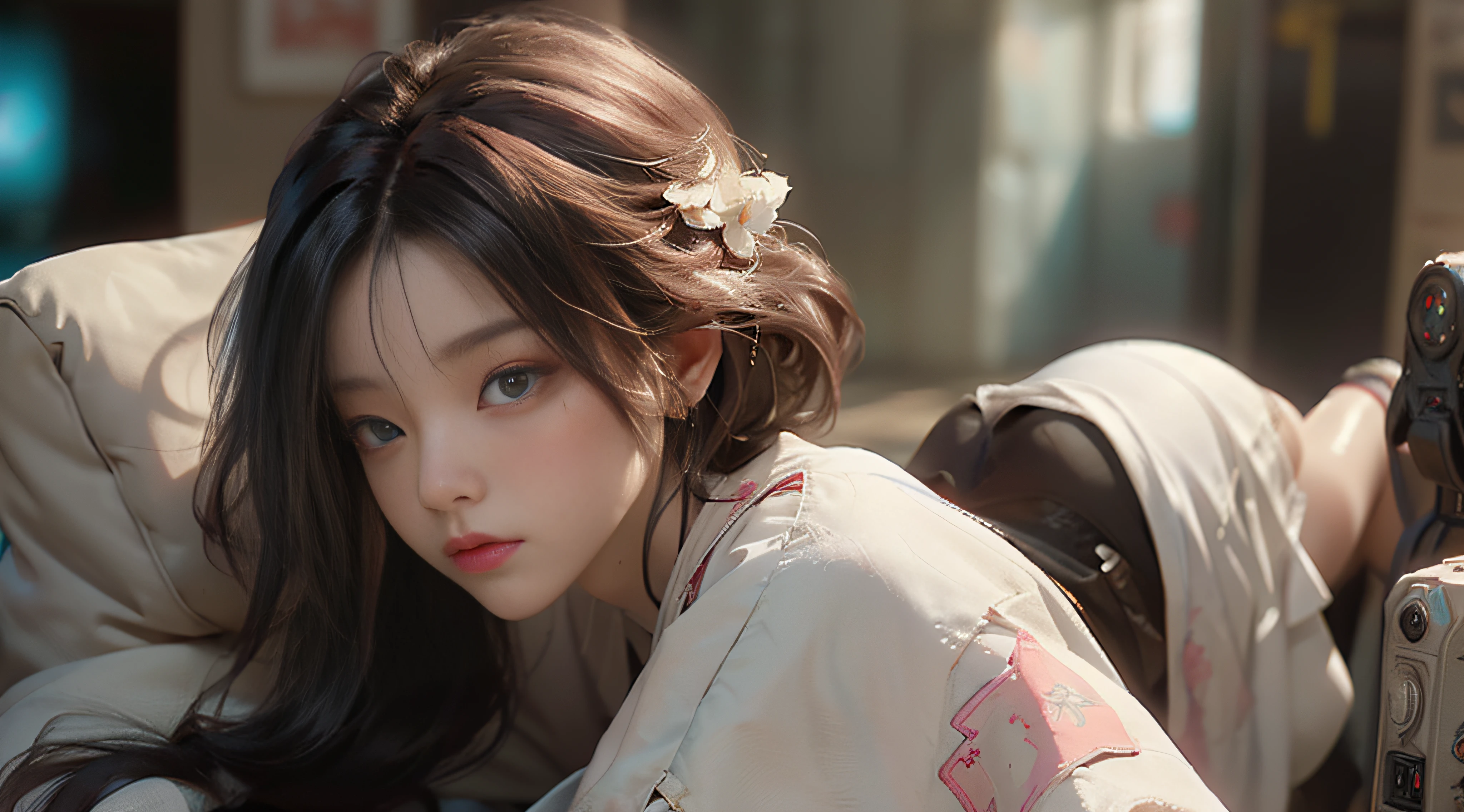 ((best best quality)), ((MasterPiece)), (Detail:1.4), 3D, A beautiful cyberpunk female image,HDR(high dynamic range),RayTrace,nvidia rtx,The ultra-Resolution,Unreal 5,Subsurface scattering、pbr texturing、postprocessing、Anisotropic Filtering、depth offield、Maximum Clarity and Clarity、Many-Layer Textures、Albedo and Specular map、Surface coloring、Mitsu-Accurate simulation of material interactions、Perfect Scale、octanerendering、Two-colored light、large aperture、low ISO、white balance、Rule of Thirds、8K RAW、beautiful bright pupils,flowing robe,Fine pupils,Detailed face and eyes,Long Lashes,Blushlush,voluminous hair,Tender red lips