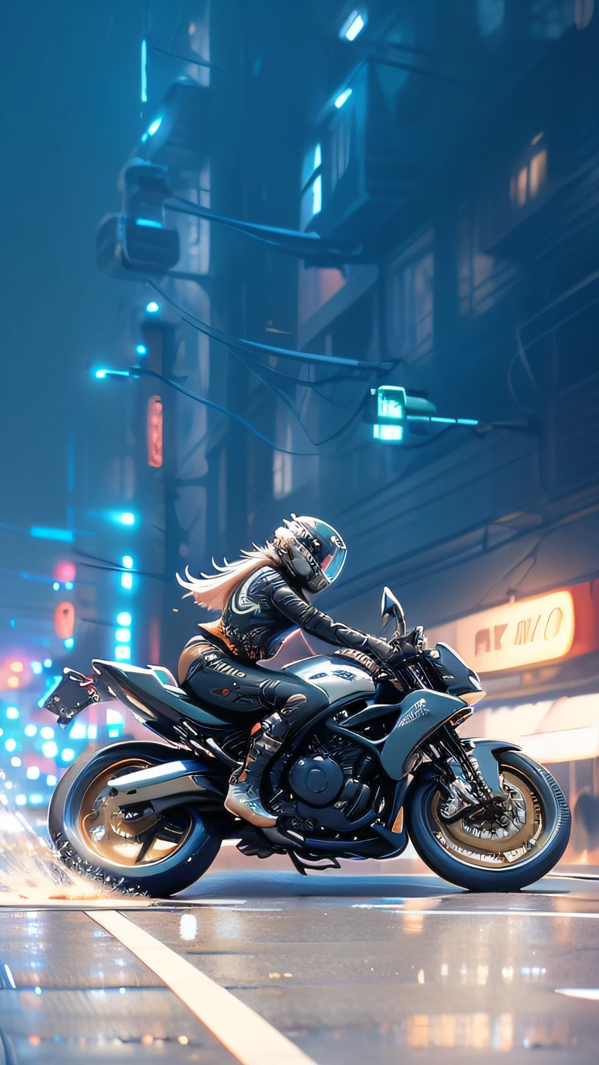 Best quality, masterpiece, high quality, realism, fine detail, super high resolution, wide angle dynamic action shooting, 1 girl riding a motorcycle in a helmet, riding a motorcycle on the road, riding on the road, moving motorcycle, mechanical body, mechanical clone, mecha, glowing helmet, sitting on a motorcycle, (neon clothes: 1), background, khruli, city, color background, bokeh, (neon: 1), cyberpunk costume, glowing clothes