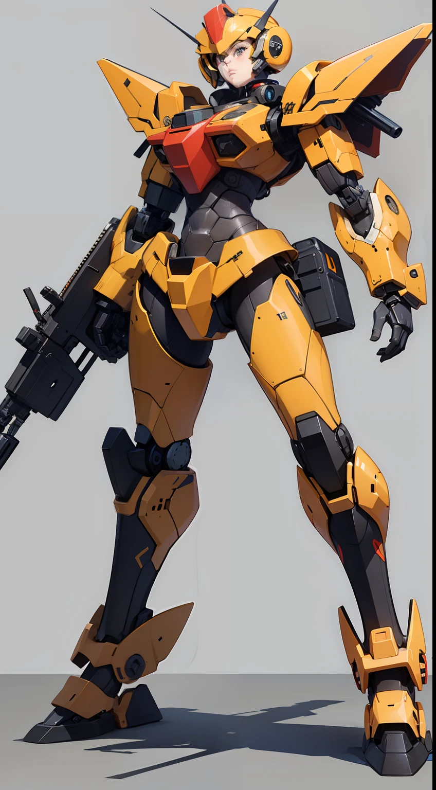 hair over shoulder,amber,orange,
simple background,
tachi-e,game_cg,
highres,
,solo,(heavy mecha musume:1.1),Mecha girl,
full-body,standing,applique,Battle suit,future science,